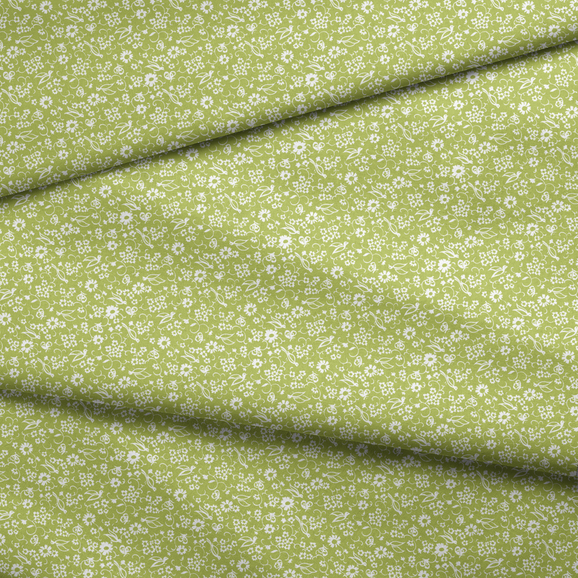 White bird and floral pattern on a vibrant lime green background. fabric fold mockup