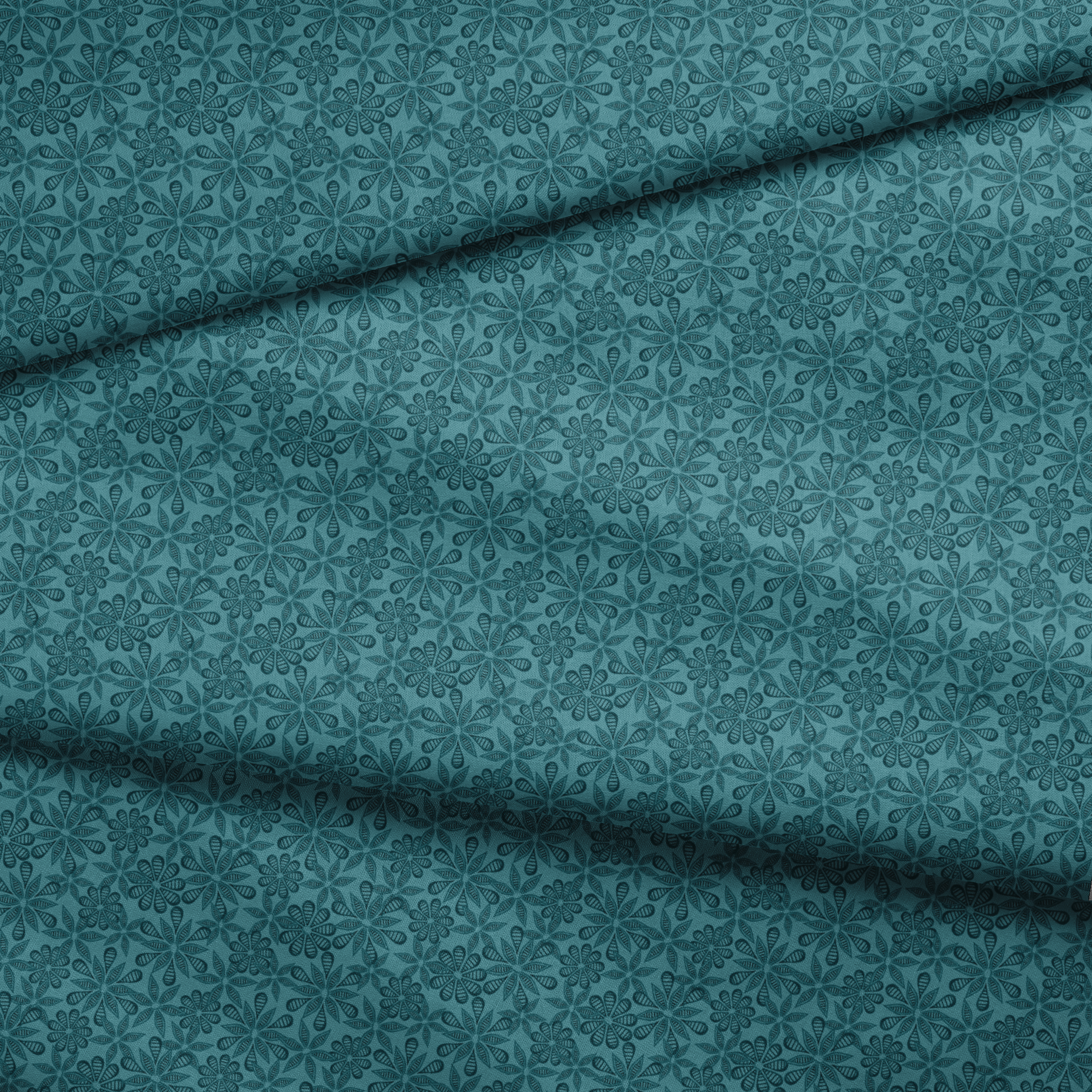 Outlined floral pattern in dark teal on a lighter teal background by Nicole Tamarin. fabric fold mockup