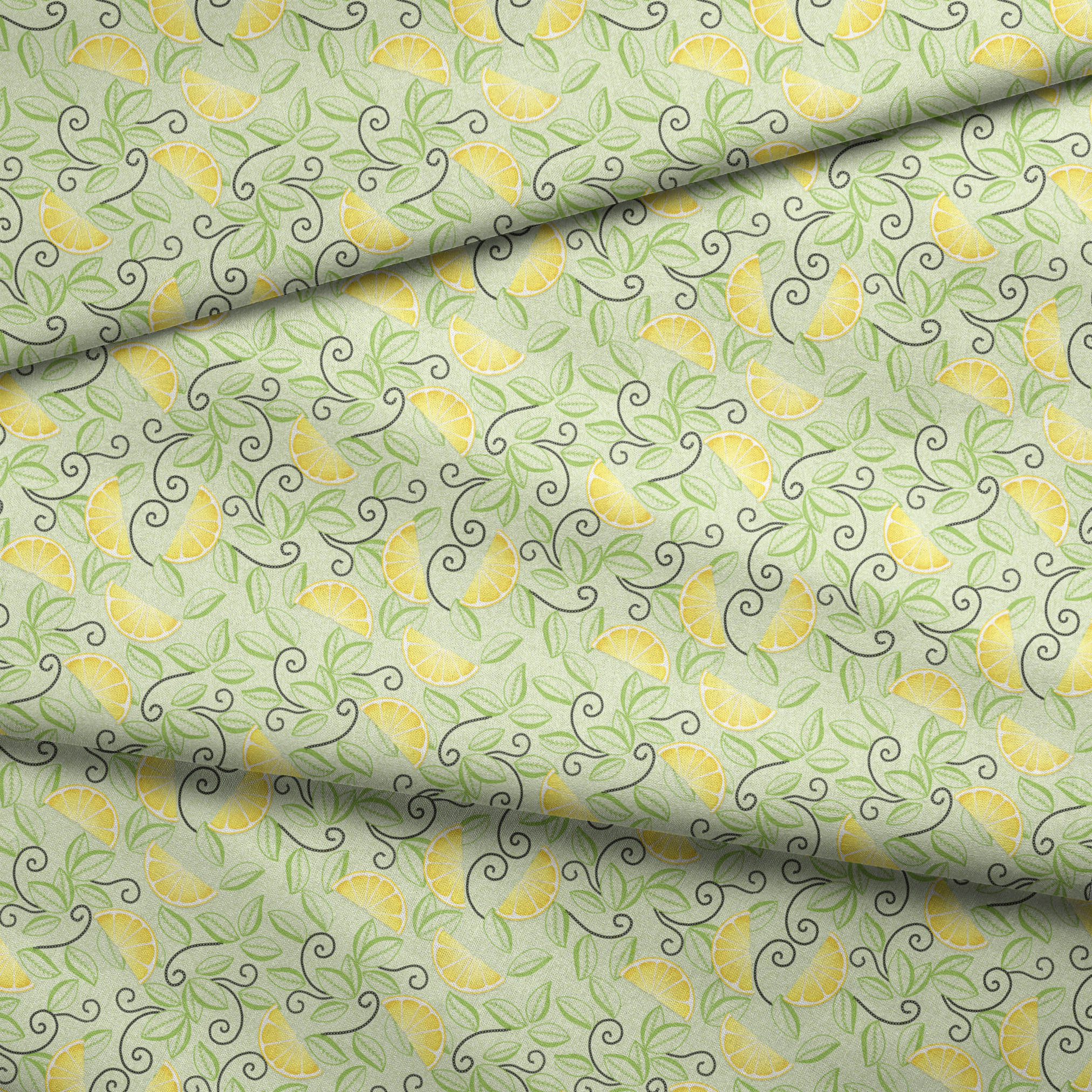 Yellow lemon slices with swirling green leaves on a soft green background in a playful, fresh layout. fabric fold mockup