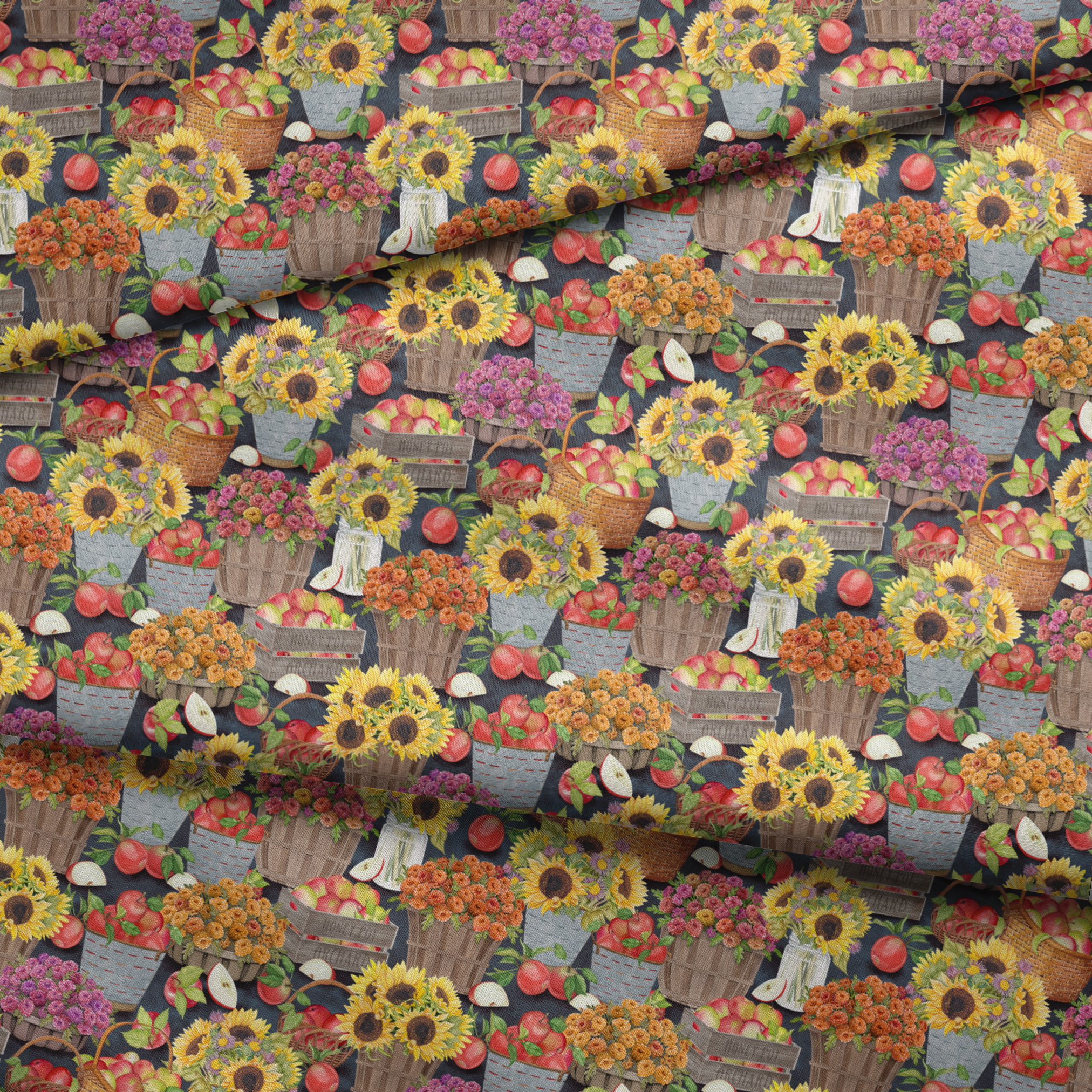 Colorful pattern of sunflowers, apples, and assorted flowers in rustic baskets and buckets fabric fold mockup