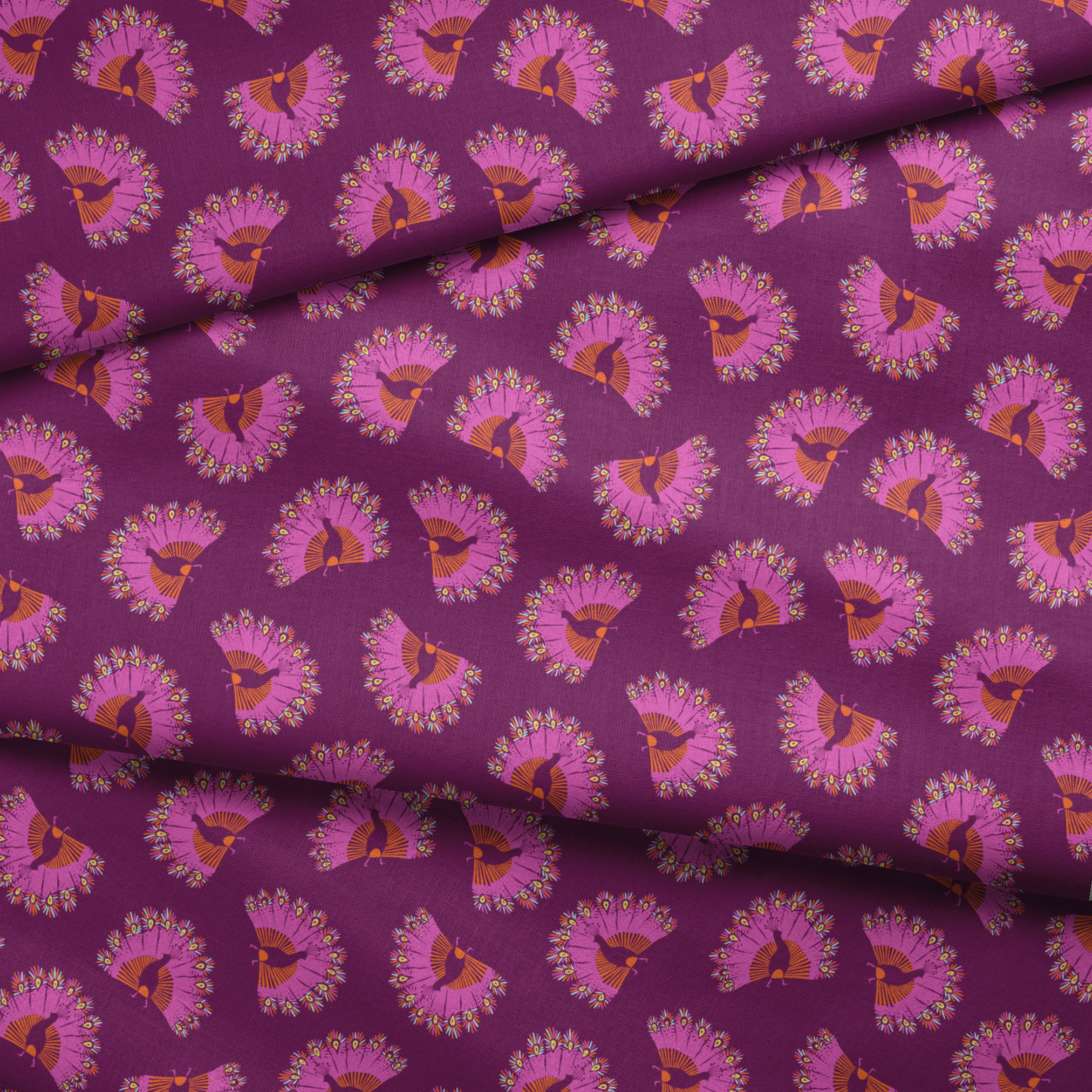 Decorative pattern with peacocks arranged in circular formations against a deep purple background fabric fold mockup
