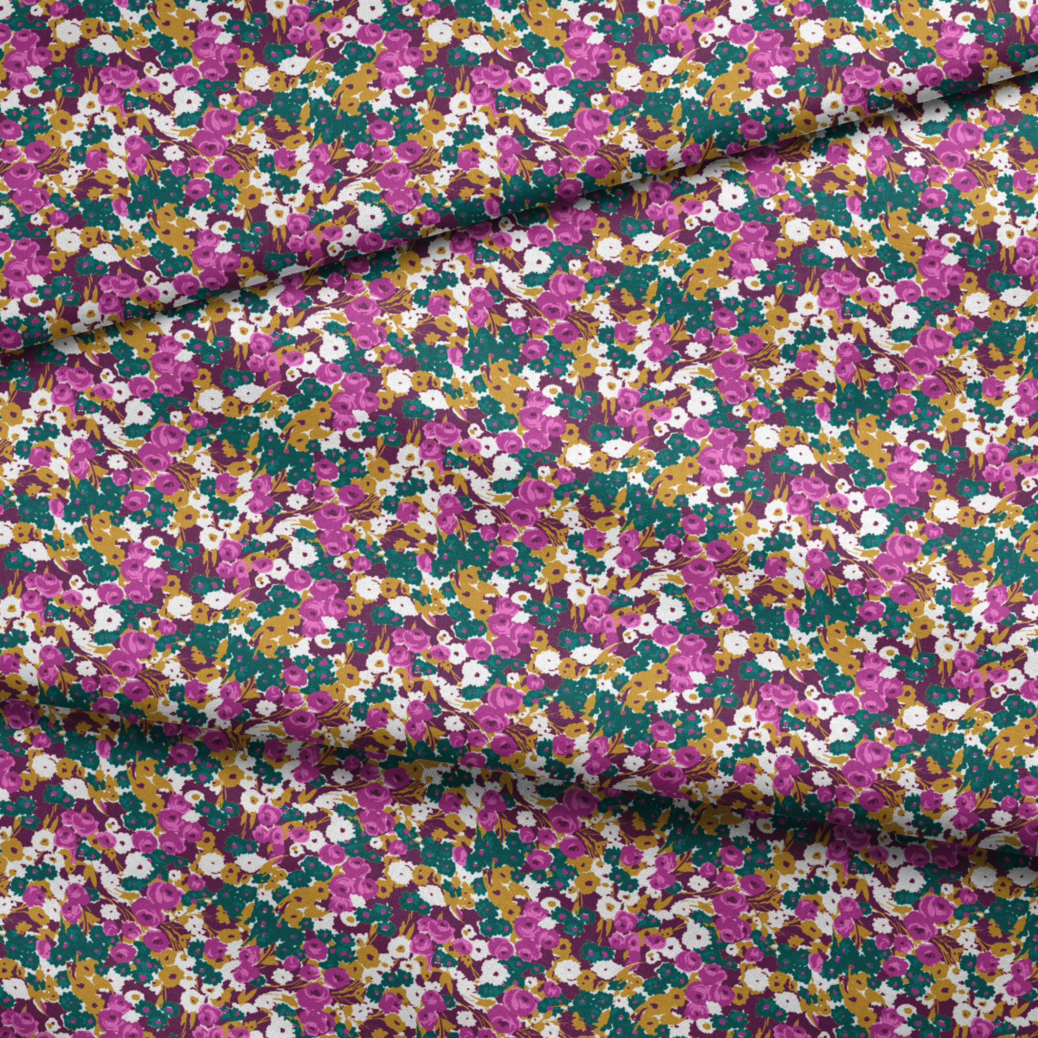 Vibrant floral pattern with purple, white, and gold flowers on teal background fabric fold mockup