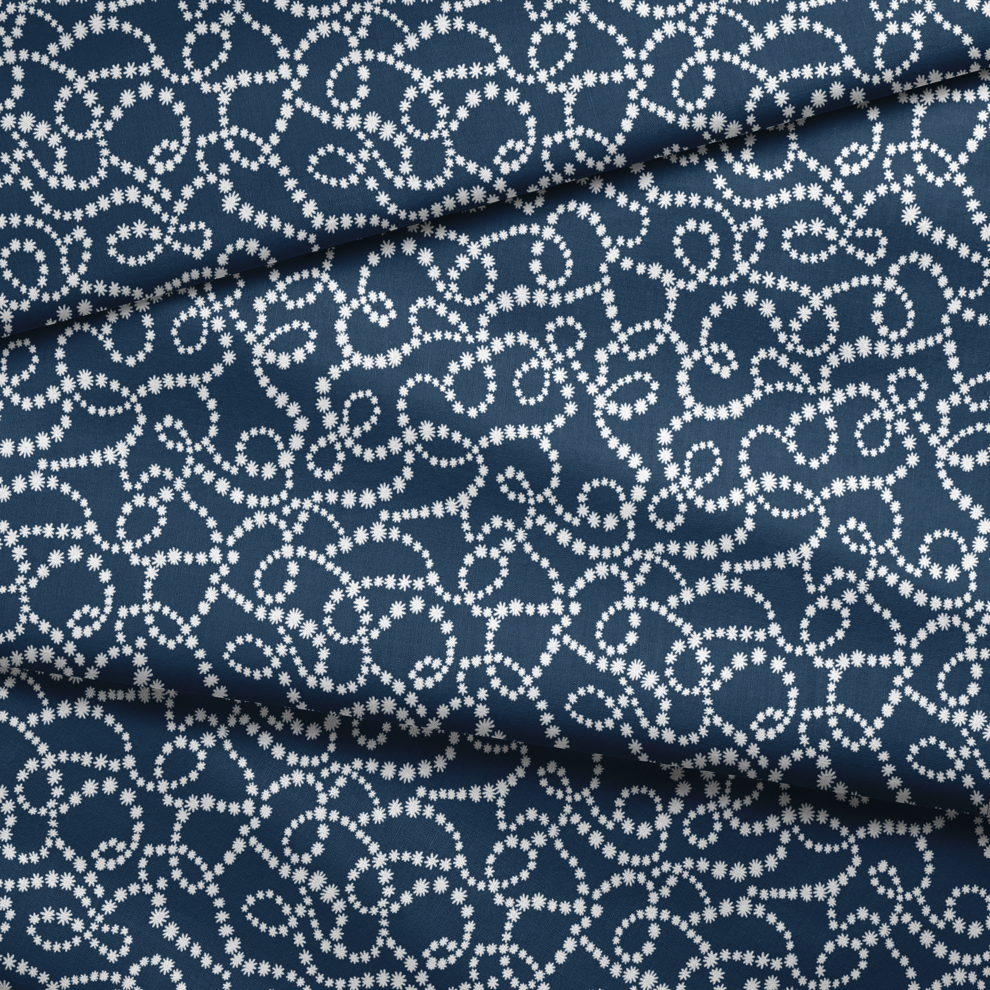Navy blue background with swirling white dotted patterns creating circular and flowing designs fabric fold mockup