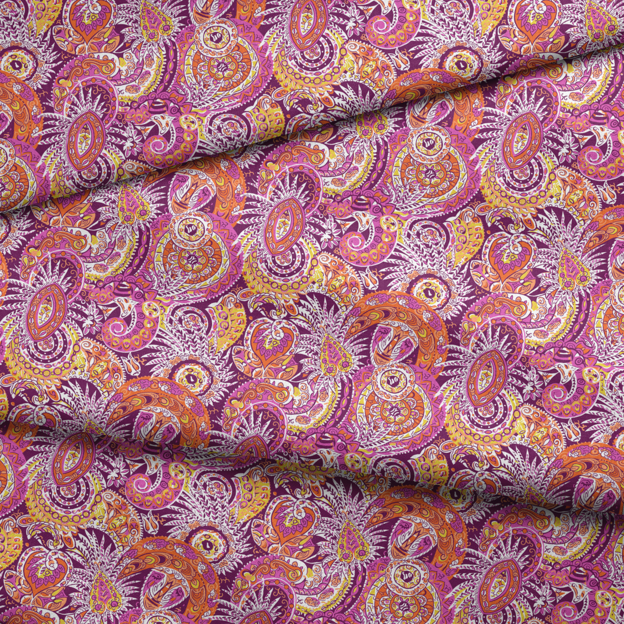 Vibrant paisley pattern with swirling shapes in purple, orange, pink, and yellow tones fabric fold mockup