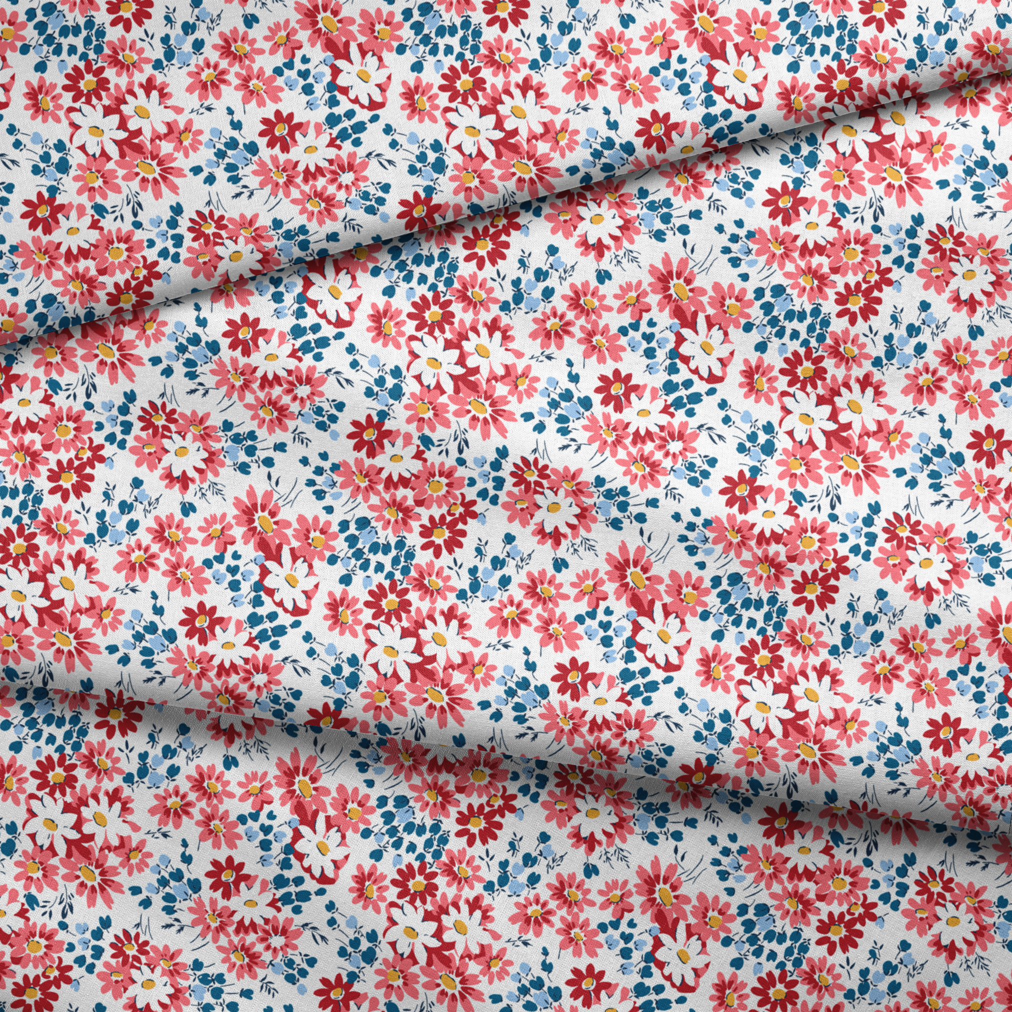 Colorful floral pattern with coral, red, and white daisies with yellow centers and teal leaves fabric fold mockup