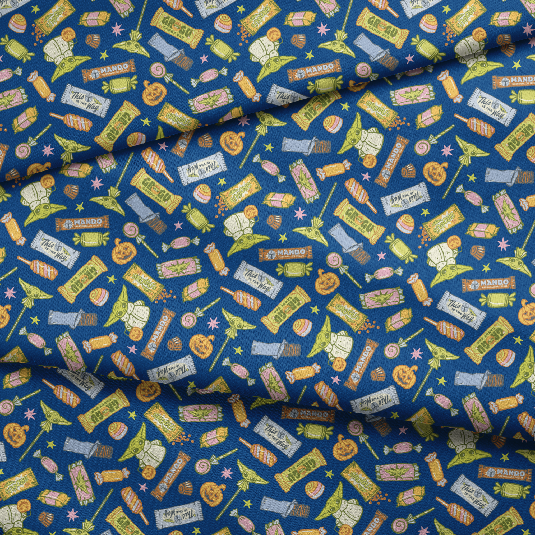 Colorful candy pattern with wrapped sweets, lollipops, and treats on dark blue background fabric fold mockup