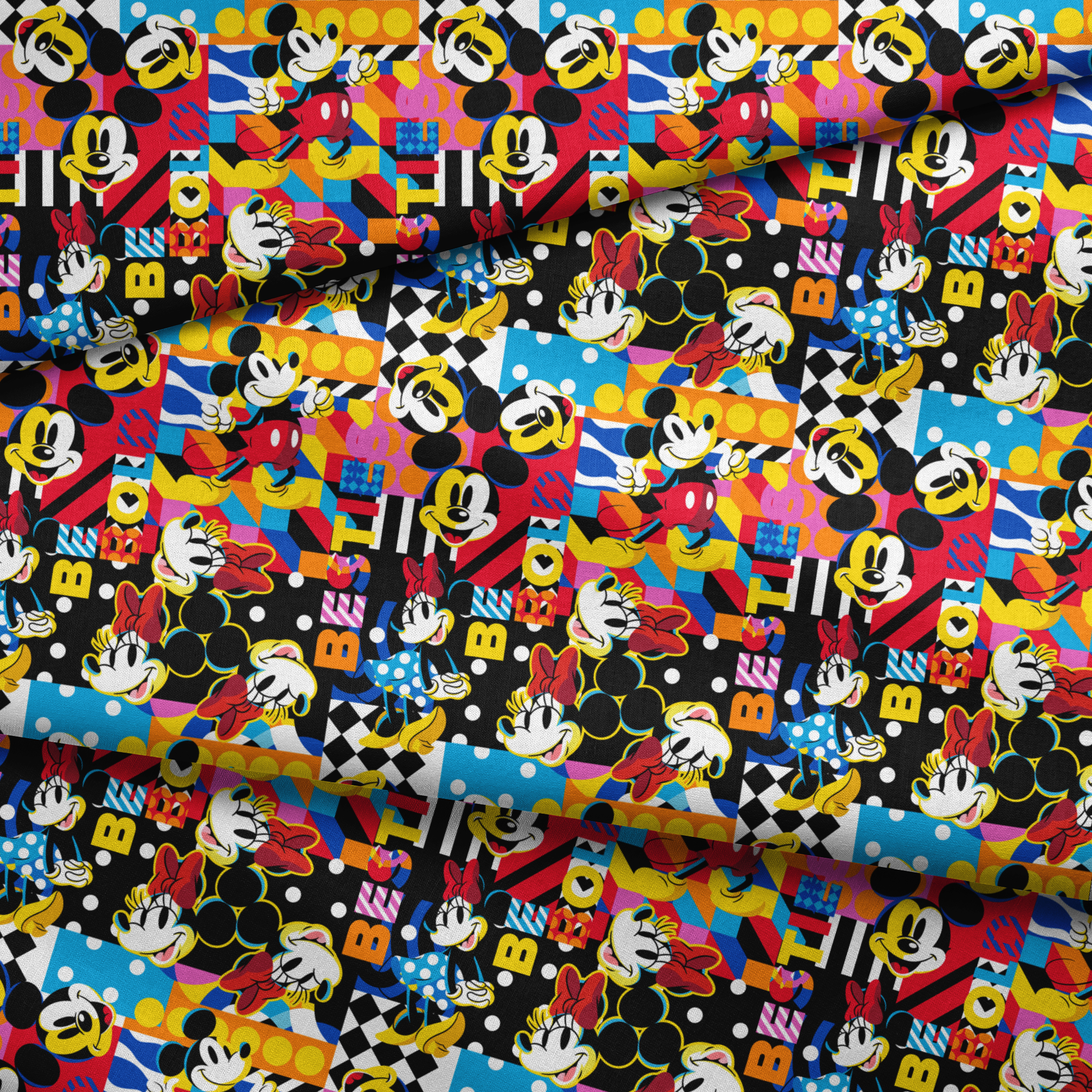 Vibrant pop art collage of Mickey Mouse in various poses against colorful geometric patterns and backgrounds fabric fold mockup