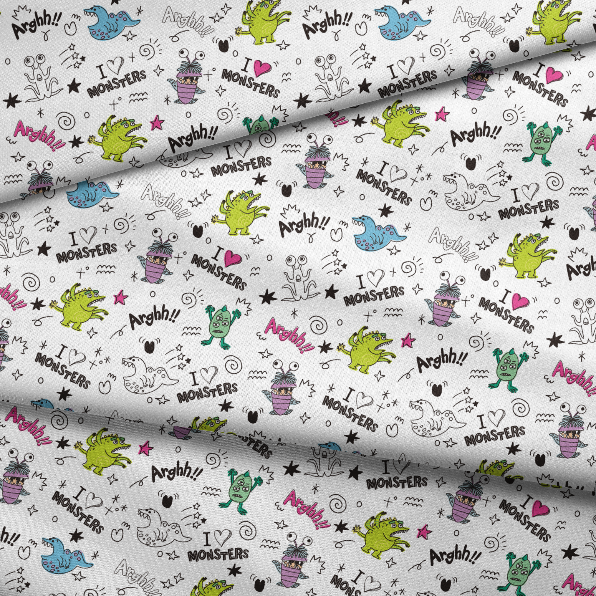 Colorful cartoon monster doodles with "I ♥ MONSTERS" and "Arghh!!" text in playful pattern style fabric fold mockup