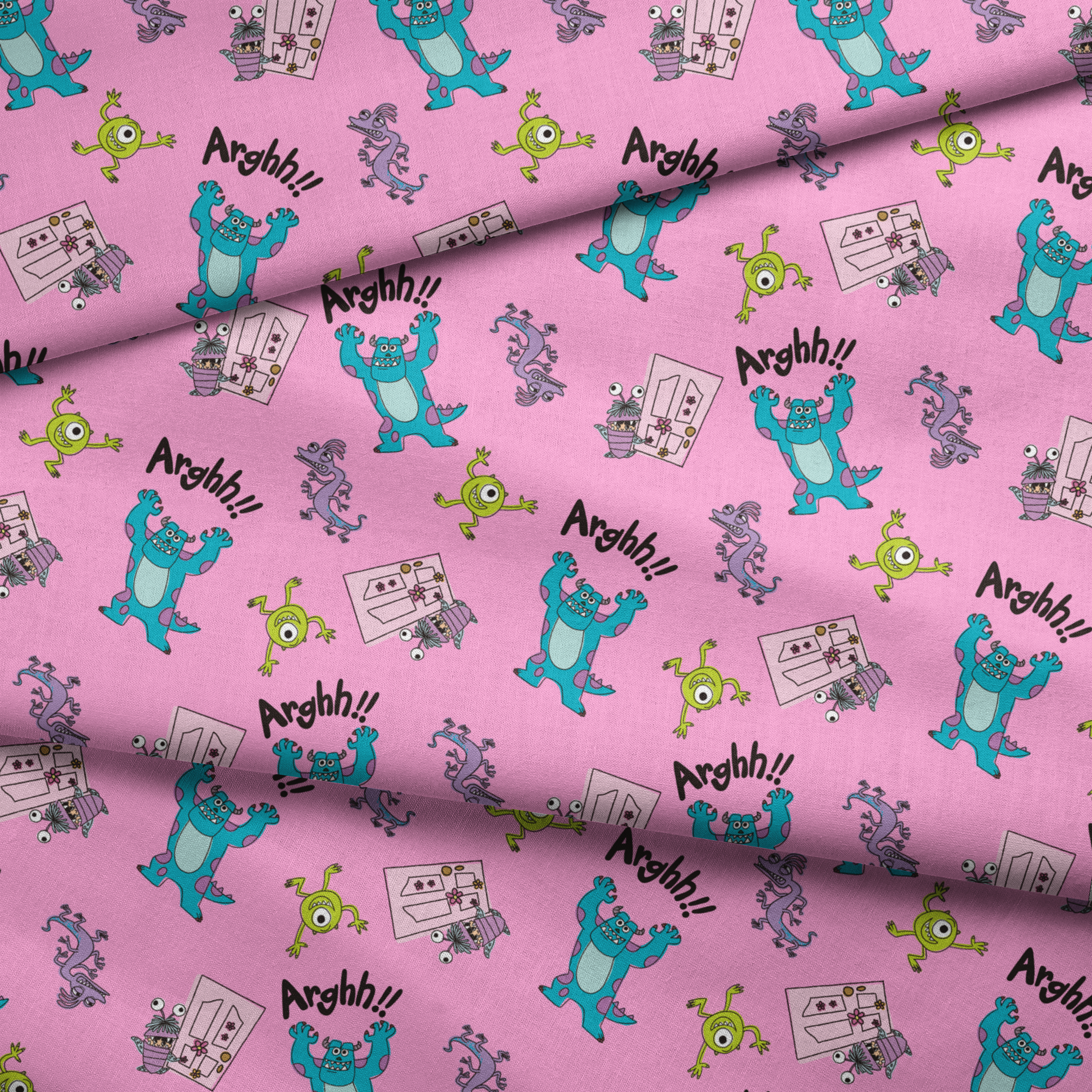 Cartoon monster pattern with blue creatures, green one-eyed characters, and "Arghh!!" text on pink background fabric fold mockup