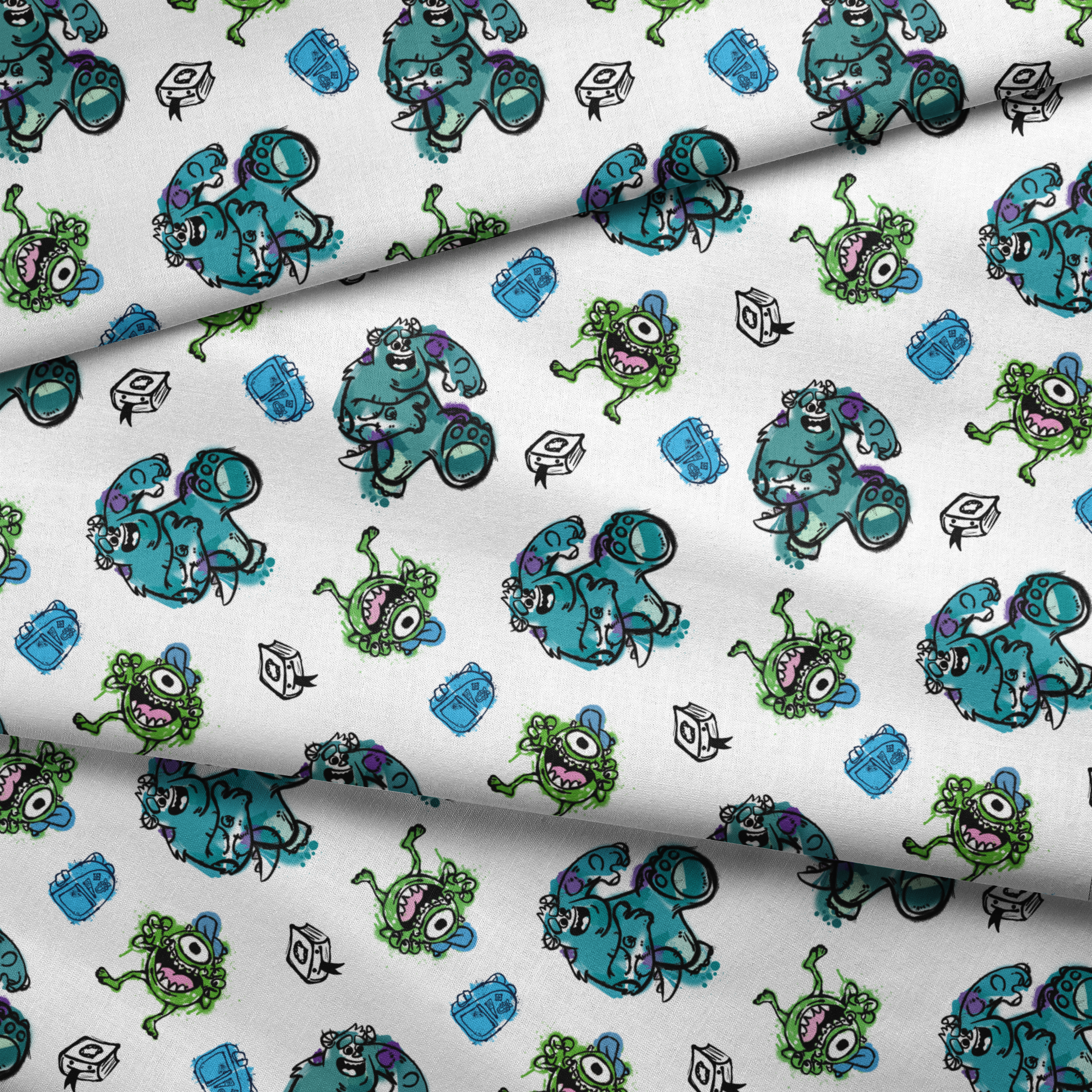Colorful Monsters Inc pattern with turquoise, green creatures and small boxes on white background fabric fold mockup