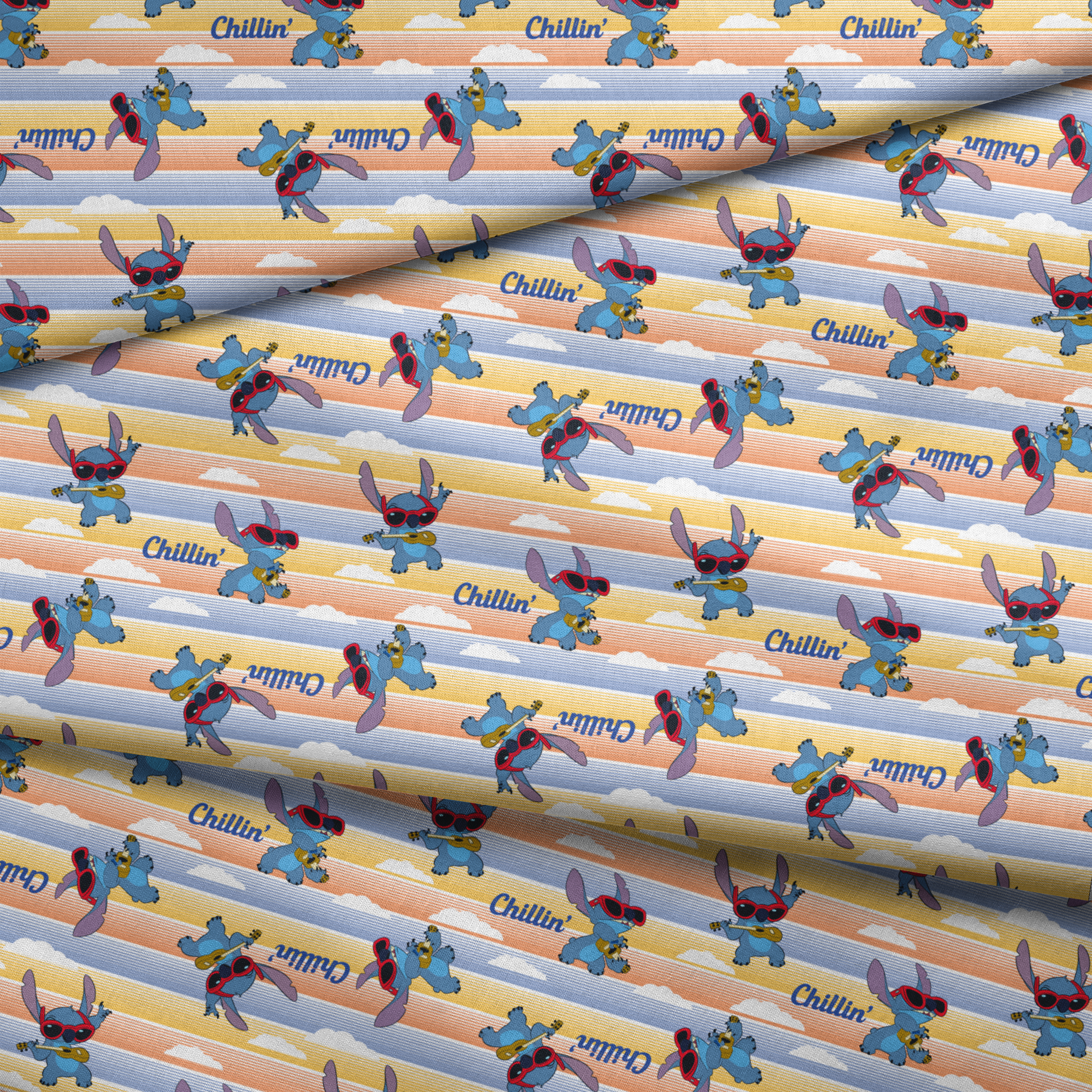 Stitch cartoon character pattern on striped yellow and blue background with "Chillin'" text fabric fold mockup