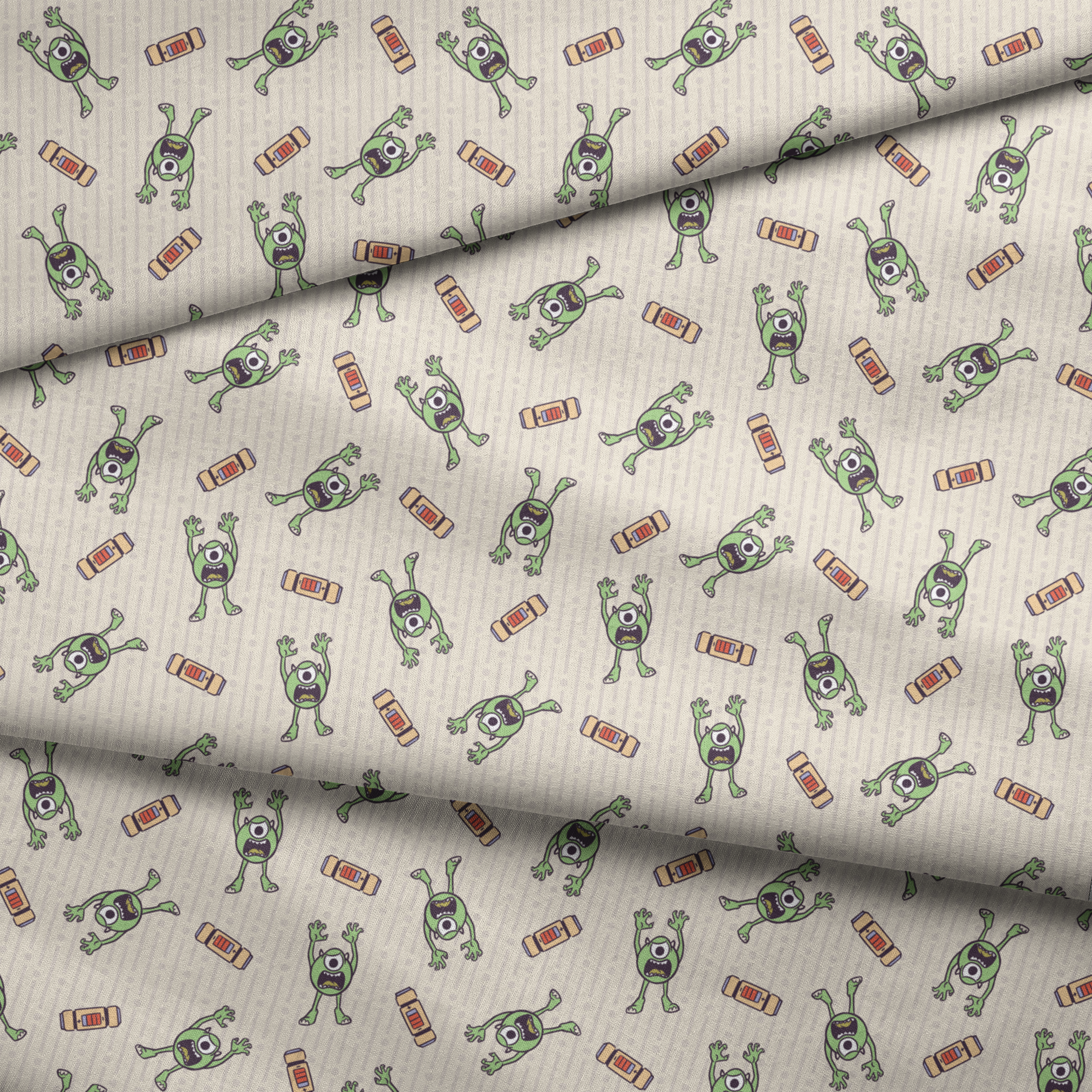 Cartoon Mike Wazowski pattern on light striped background fabric fold mockup