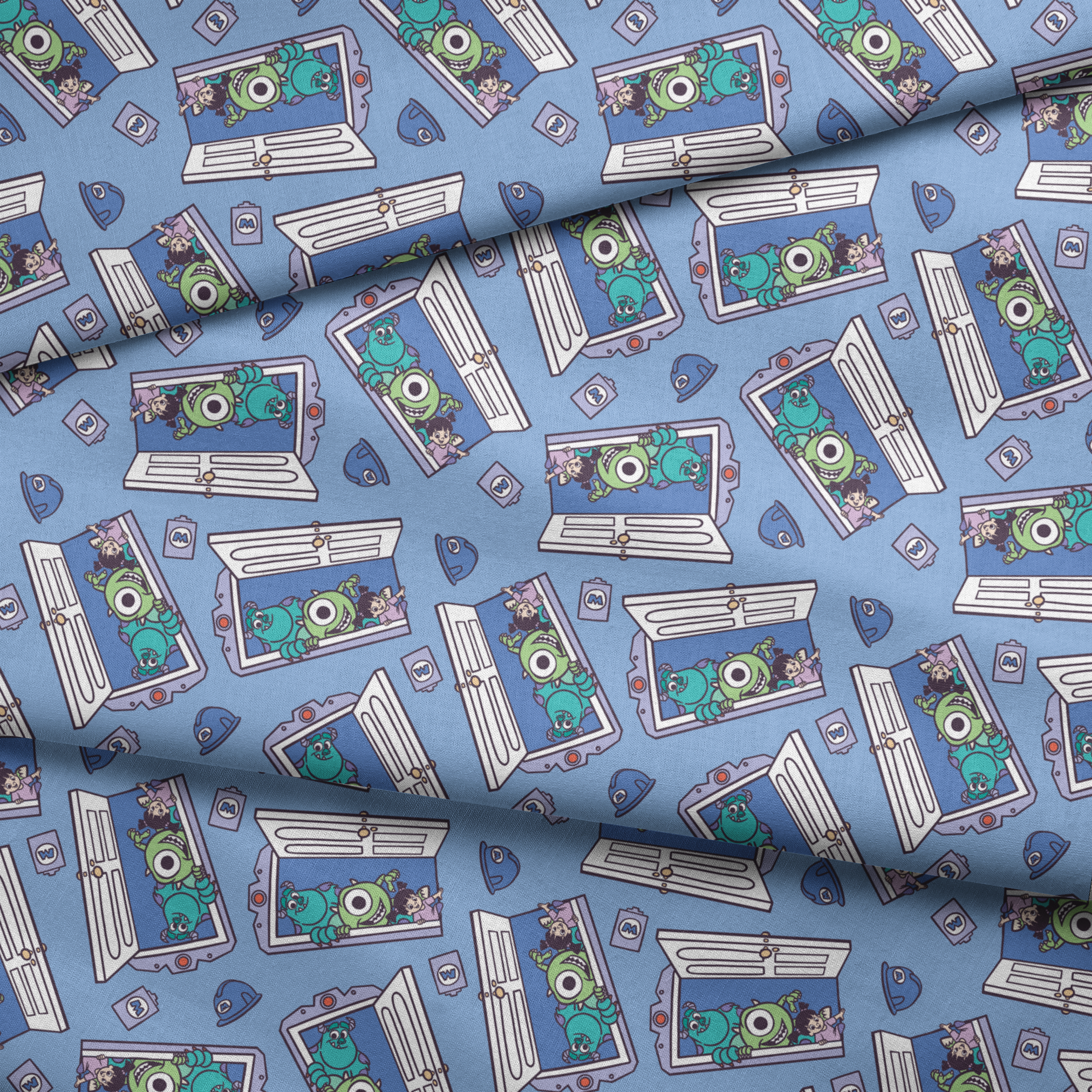 Monsters Inc characters Mike and Sully peeking through doorways on blue background pattern fabric fold mockup