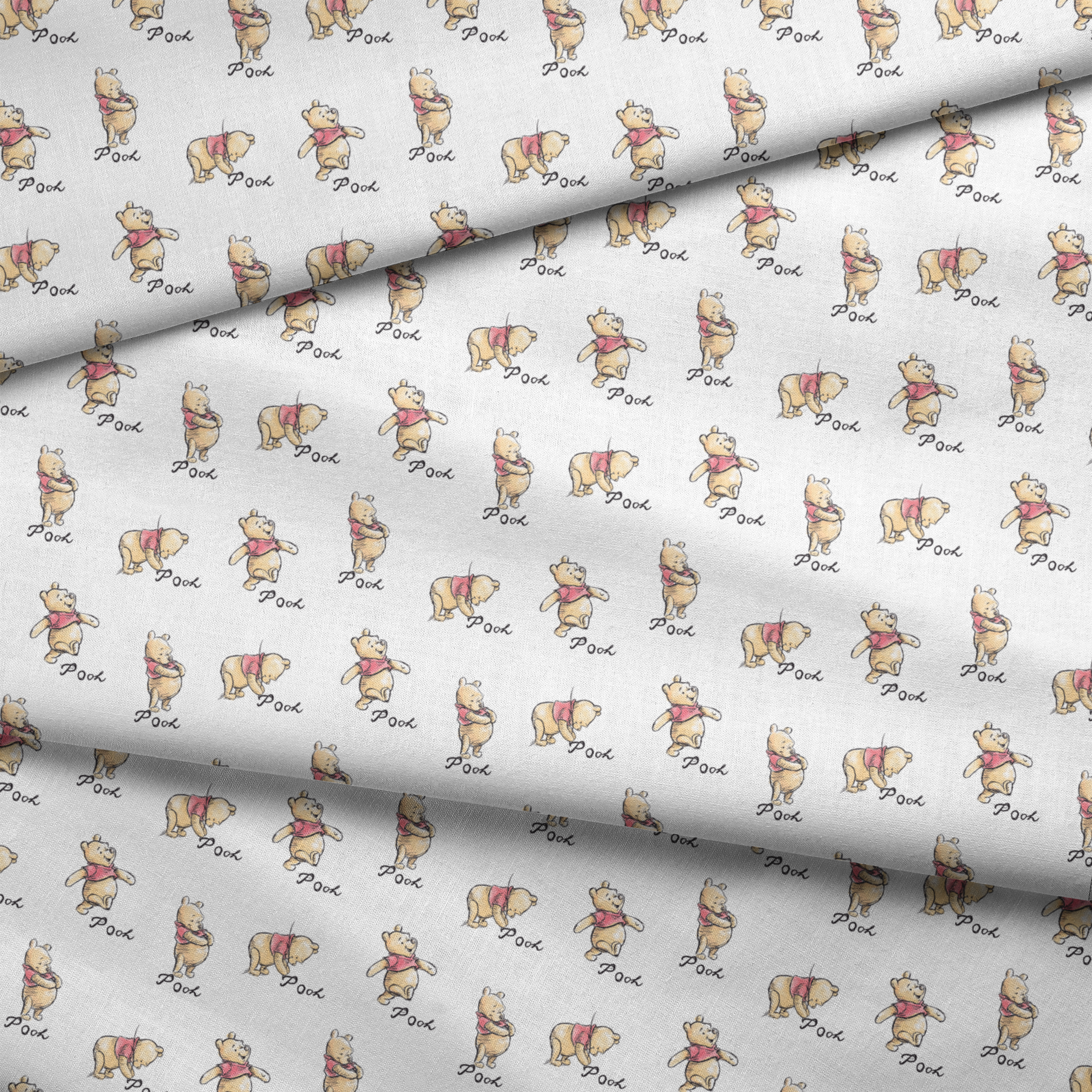 Winnie the Pooh pattern featuring cute yellow bears with red shirts in various poses, labeled "Pooh fabric fold mockup