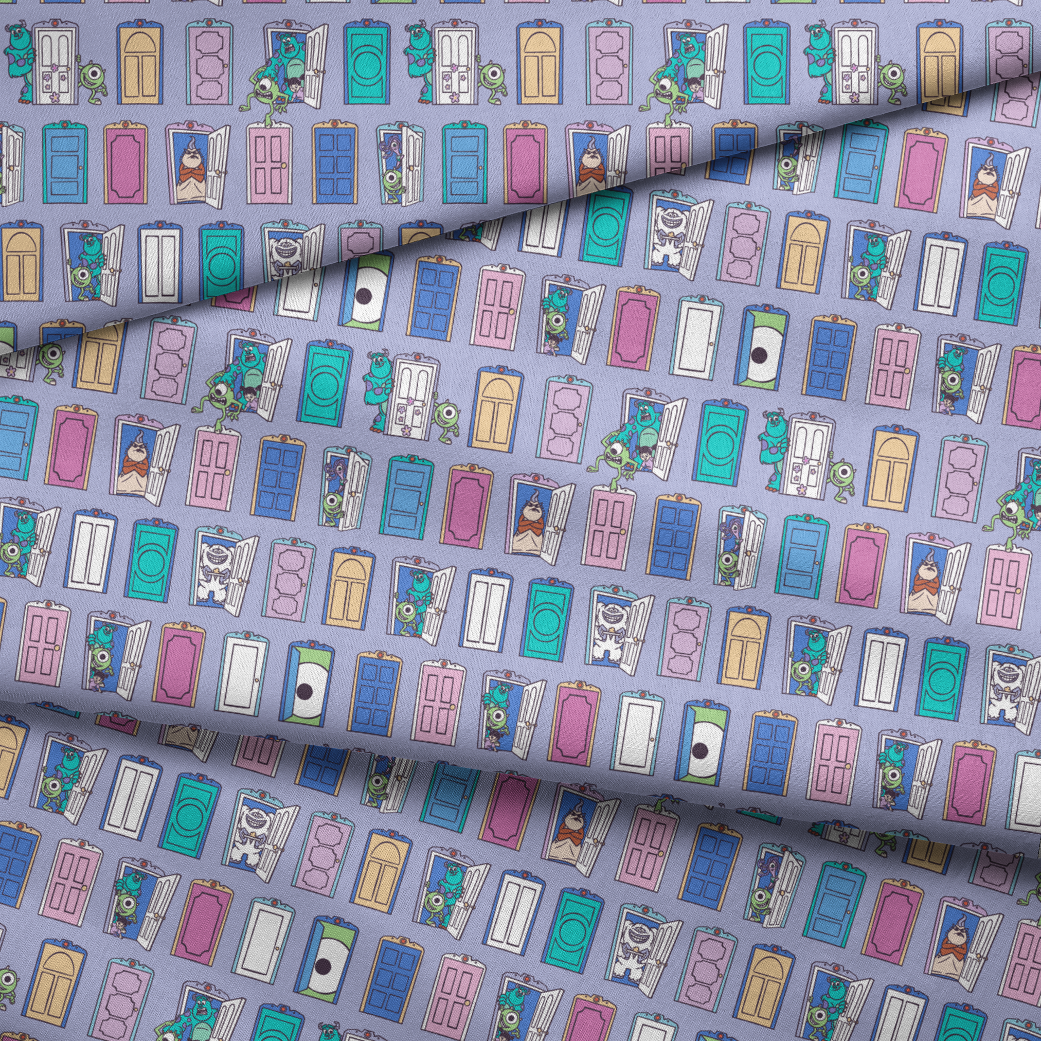 Colorful pattern of cartoon monster characters peeking through various doors in purple, blue, pink, and green on a lavender background. fabric fold mockup