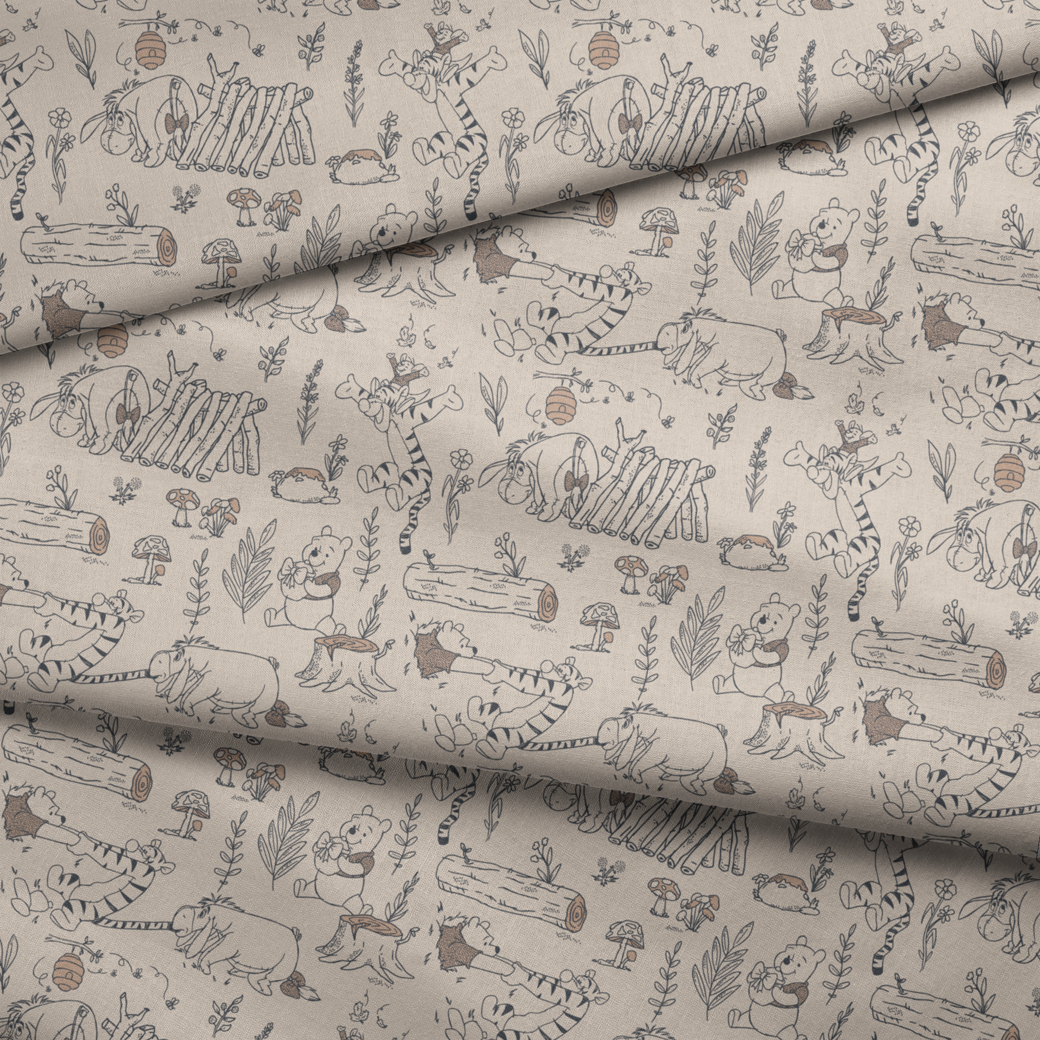 Whimsical illustrated pattern of woodland animals, logs, and plants in black line art on beige background fabric fold mockup