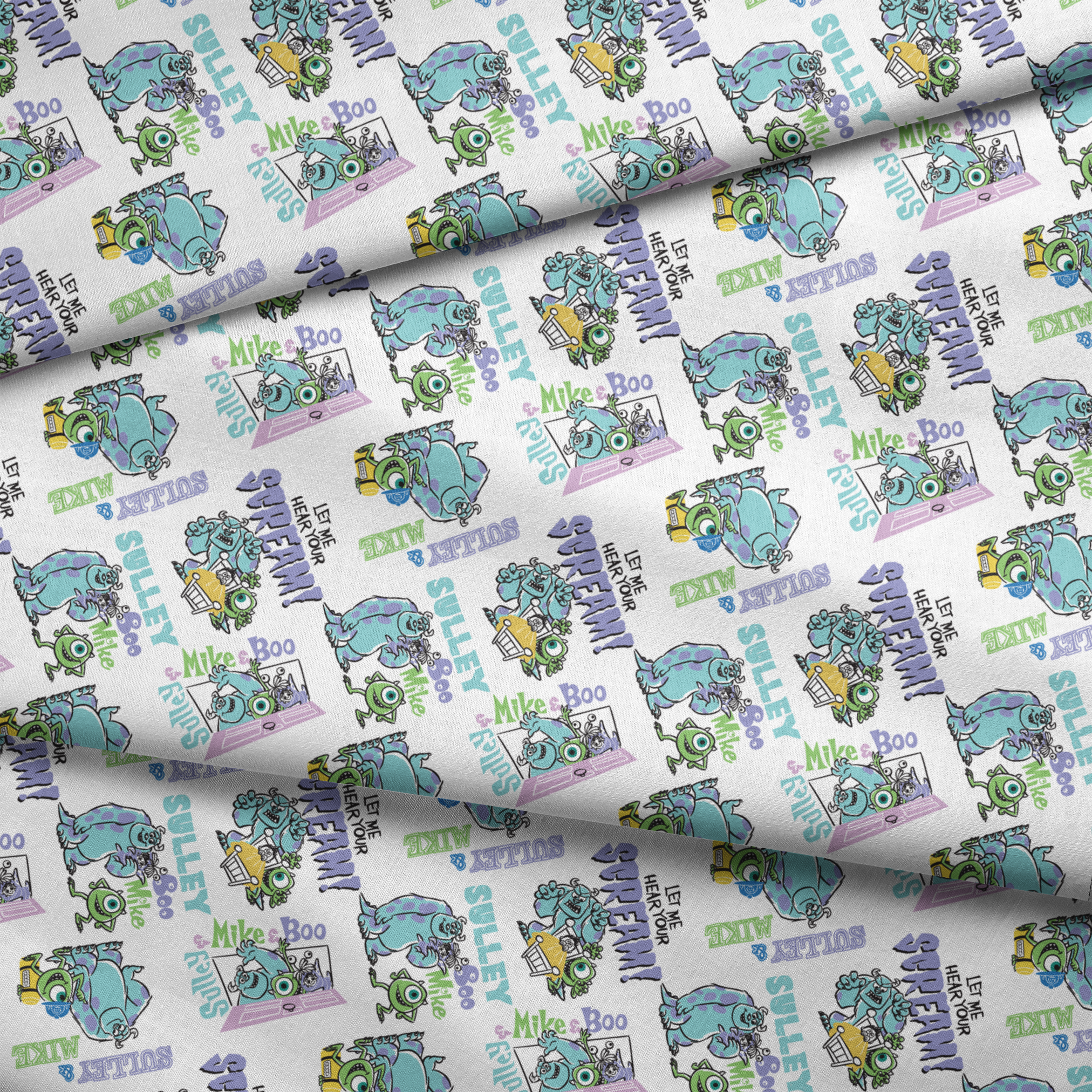 Monsters Inc pattern with Sulley and Mike characters in blue and green, with text like "Boo" and "Monsters" scattered throughout. fabric fold mockup