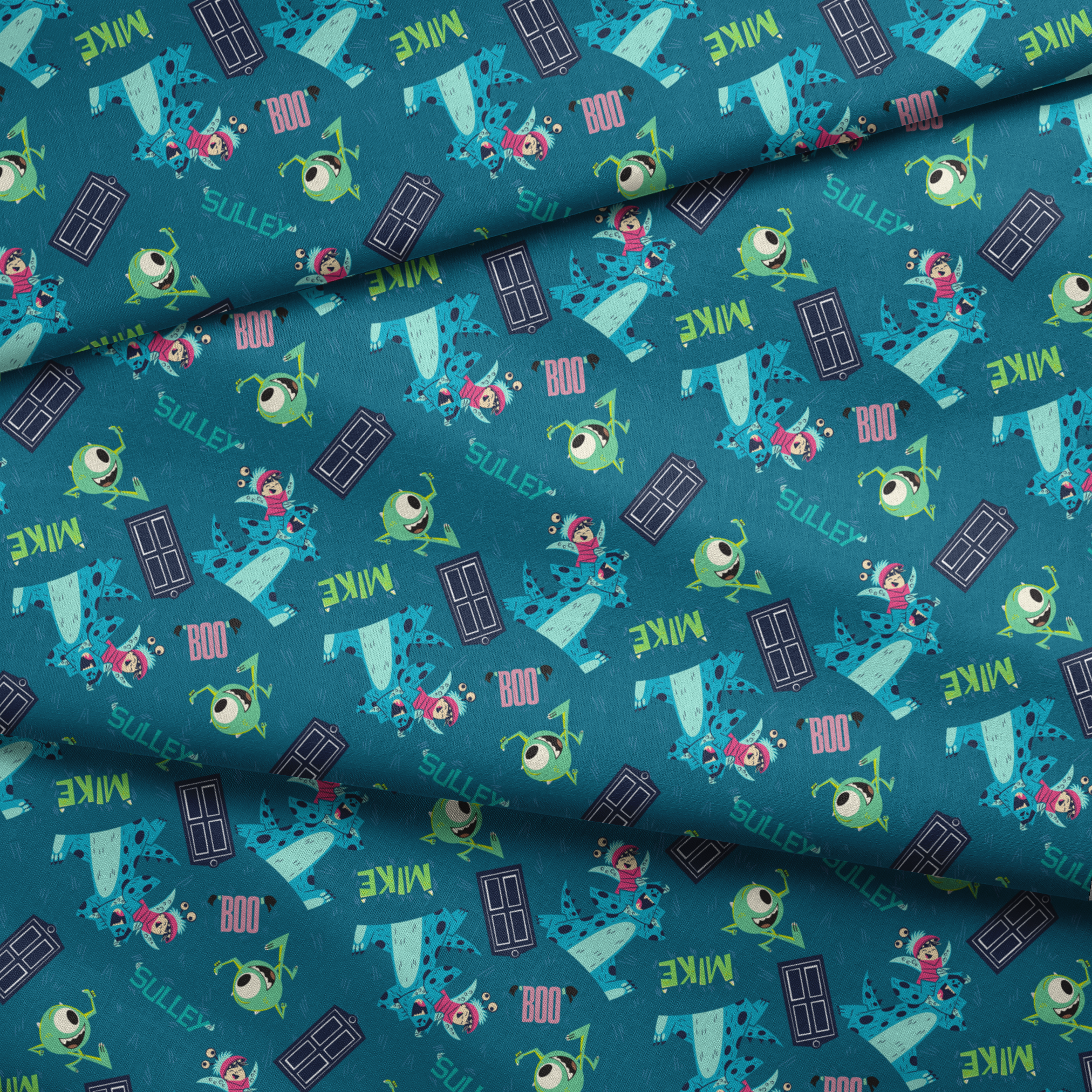 Monsters Inc pattern with Mike, Sulley, Boo characters, and doors on teal background fabric fold mockup