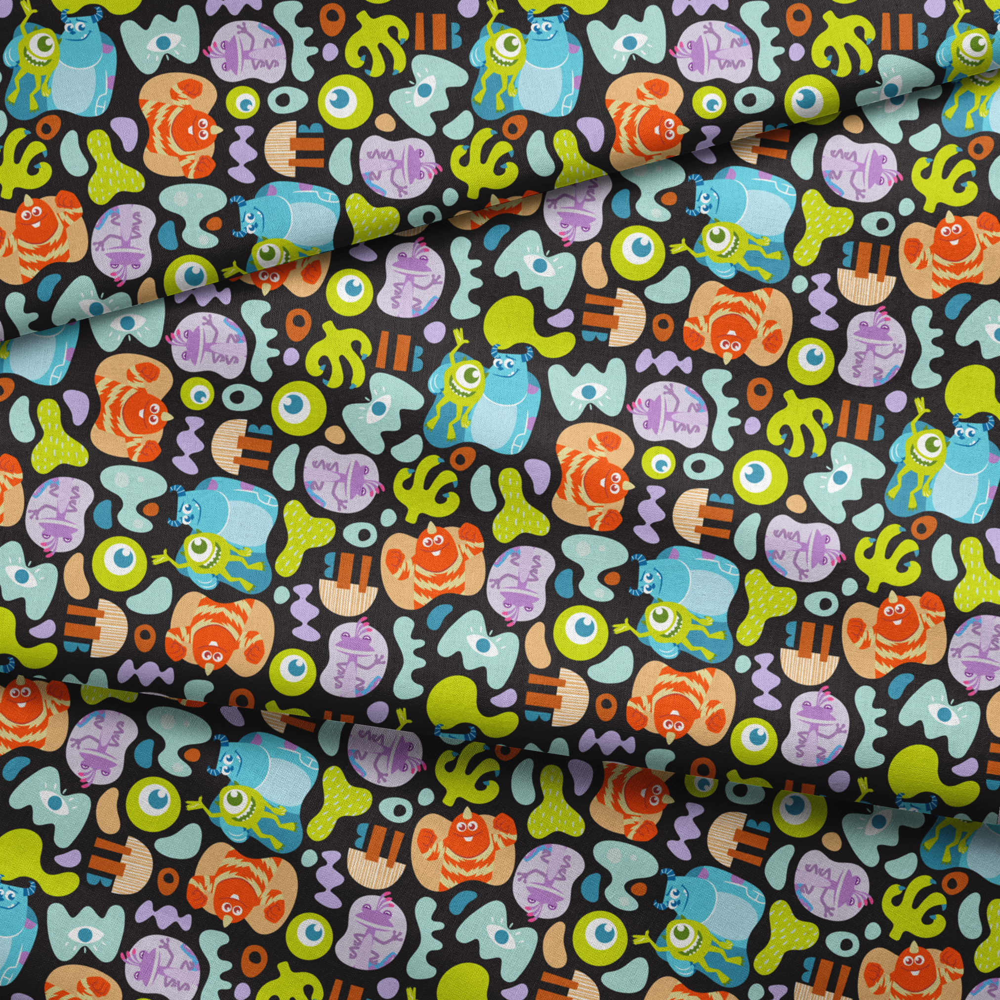 Colorful Monsters Inc pattern with Mike, Sulley and other characters on black background fabric fold mockup