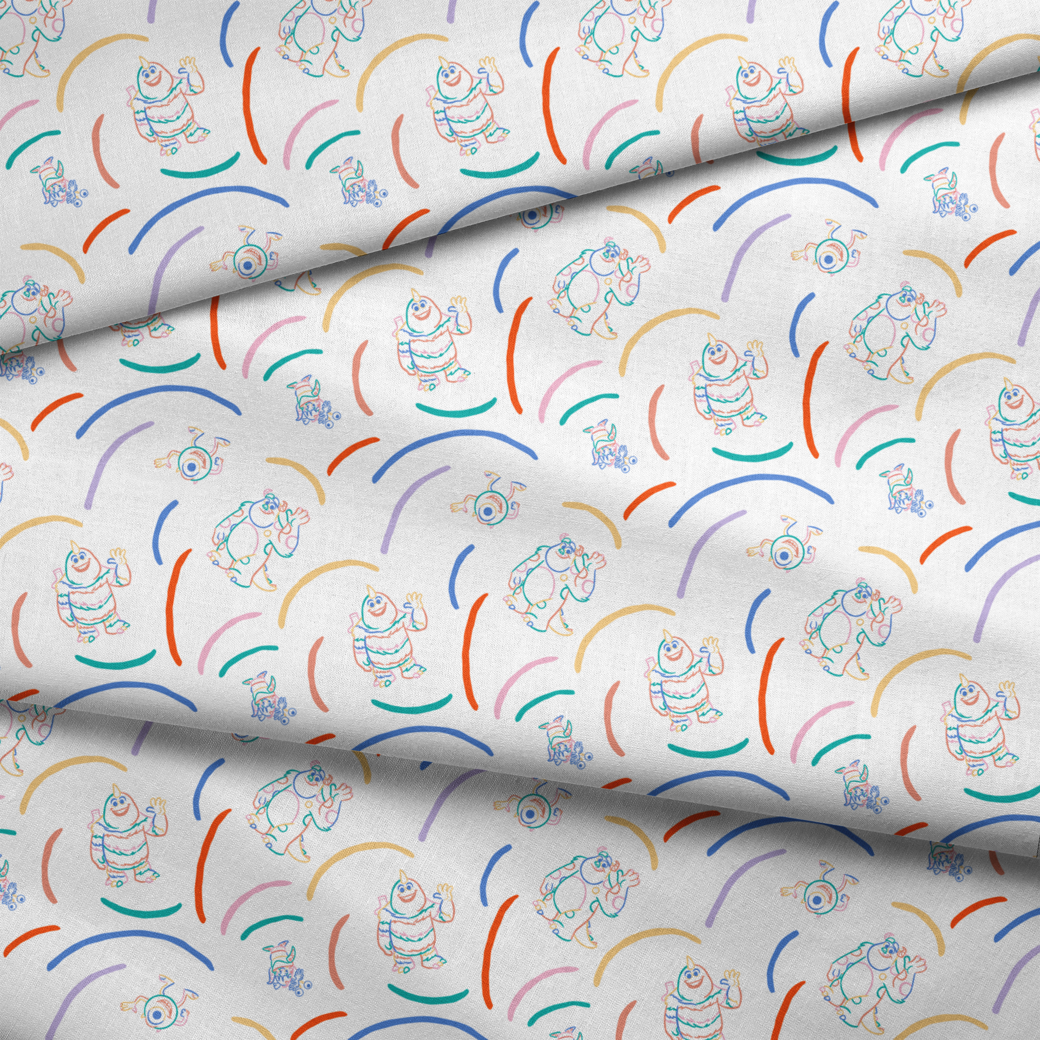 Colorful line drawing pattern with Monsters Inc characters  surrounded by curved arcs in rainbow colors fabric fold mockup
