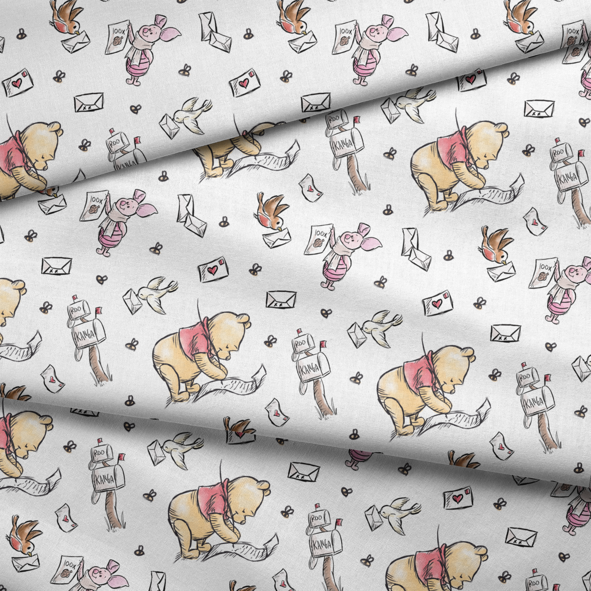 Winnie the Pooh characters with flying letters and envelopes on white background, whimsical illustration style fabric fold mockup