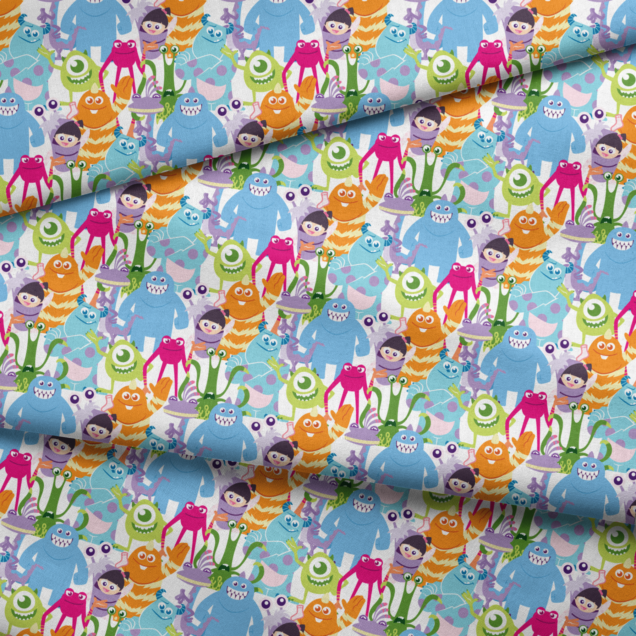 Colorful Monsters Inc pattern with various shapes, sizes and bright colors like blue, pink, orange and green. fabric fold mockup