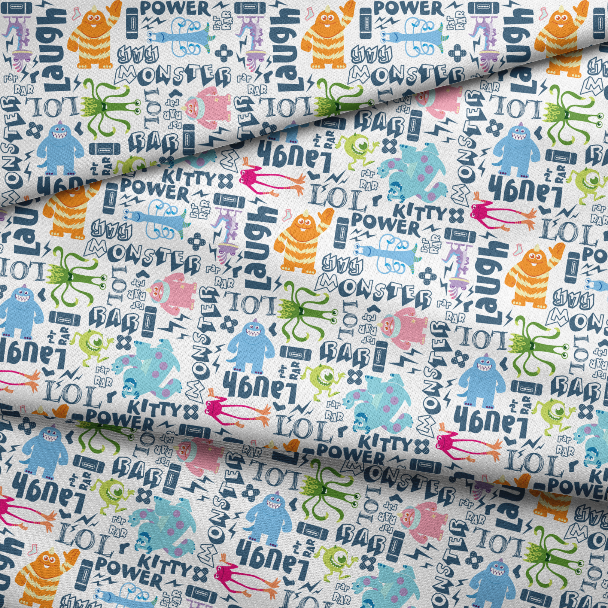 Colorful Monsters Inc doodle pattern with playful characters and text like "Laugh," "Power," and "Monster" in blue and vibrant colors. fabric fold mockup