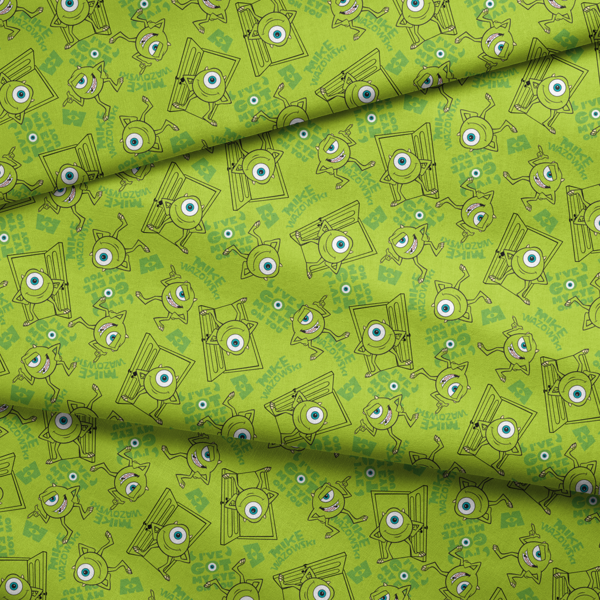 Green background with repeating Mike Wazowski in black outlines. fabric fold mockup