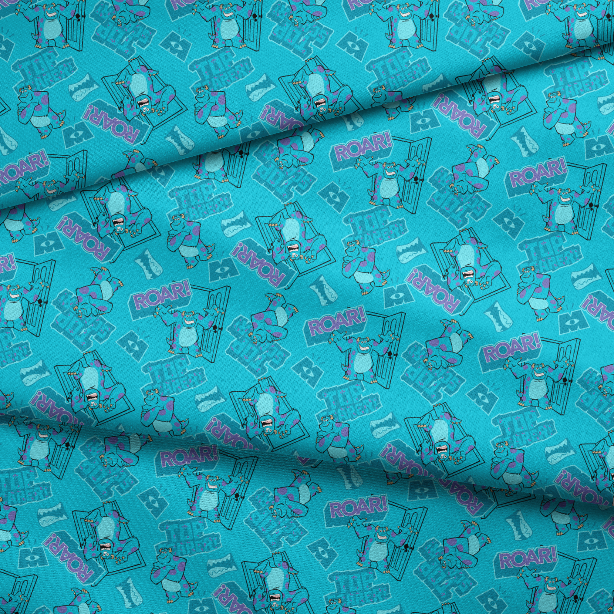 Monsters Inc's Sulley with "Roar" text and doorway motifs from movie fabric fold mockup