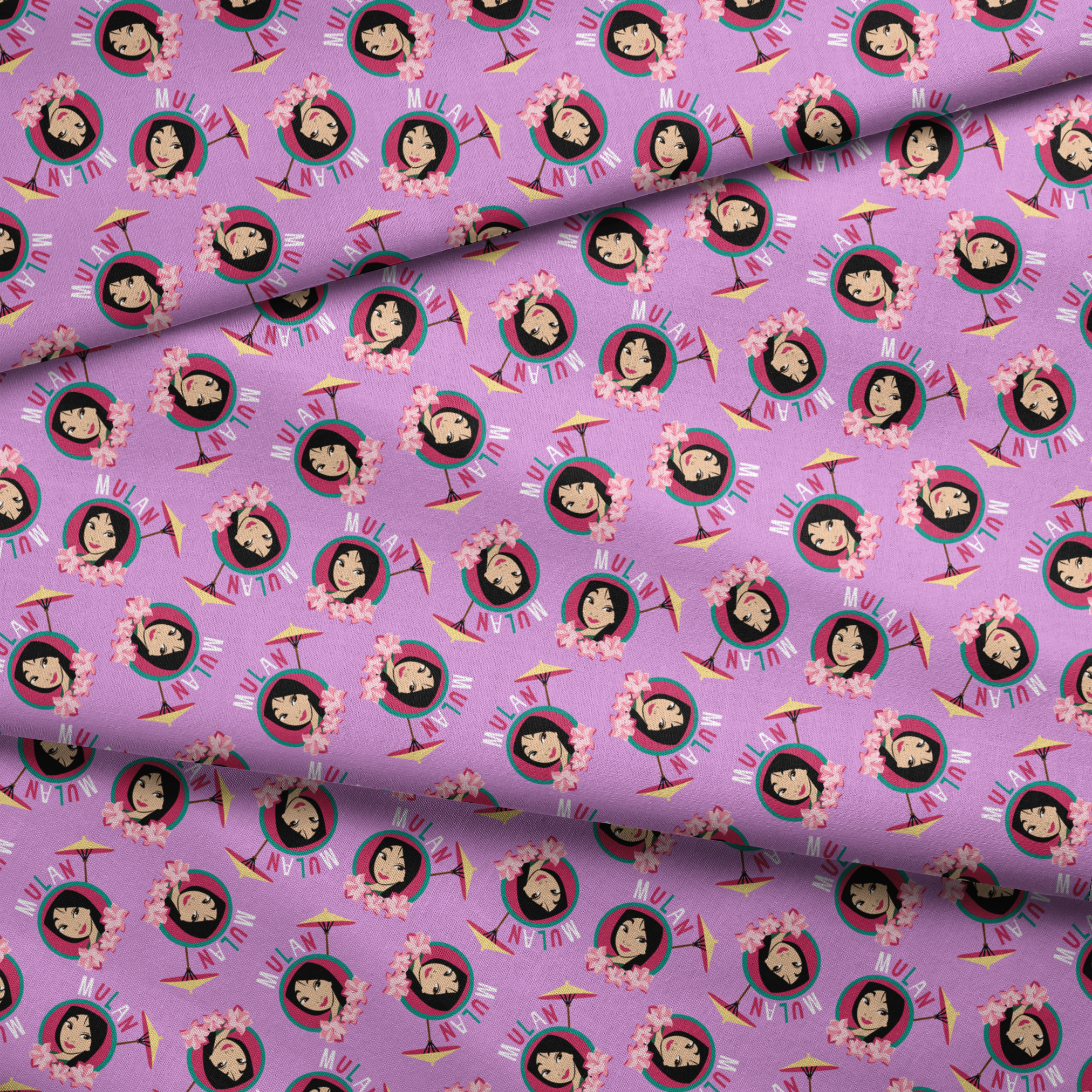 Animated character portrait pattern on purple background with pink flowers and yellow parasols fabric fold mockup