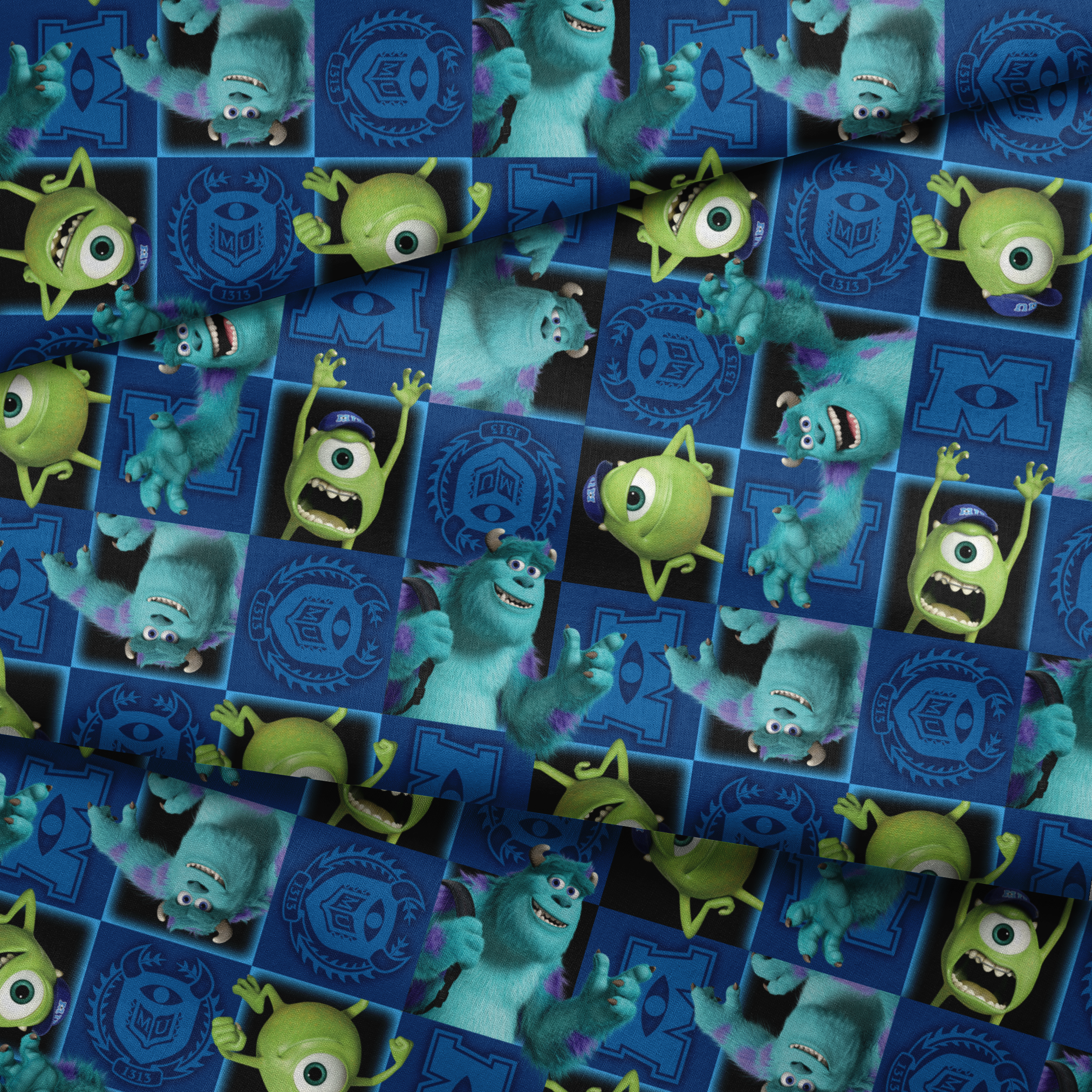 Monsters Inc characters pattern with Mike and Sulley on blue background with logos and emblems fabric fold mockup