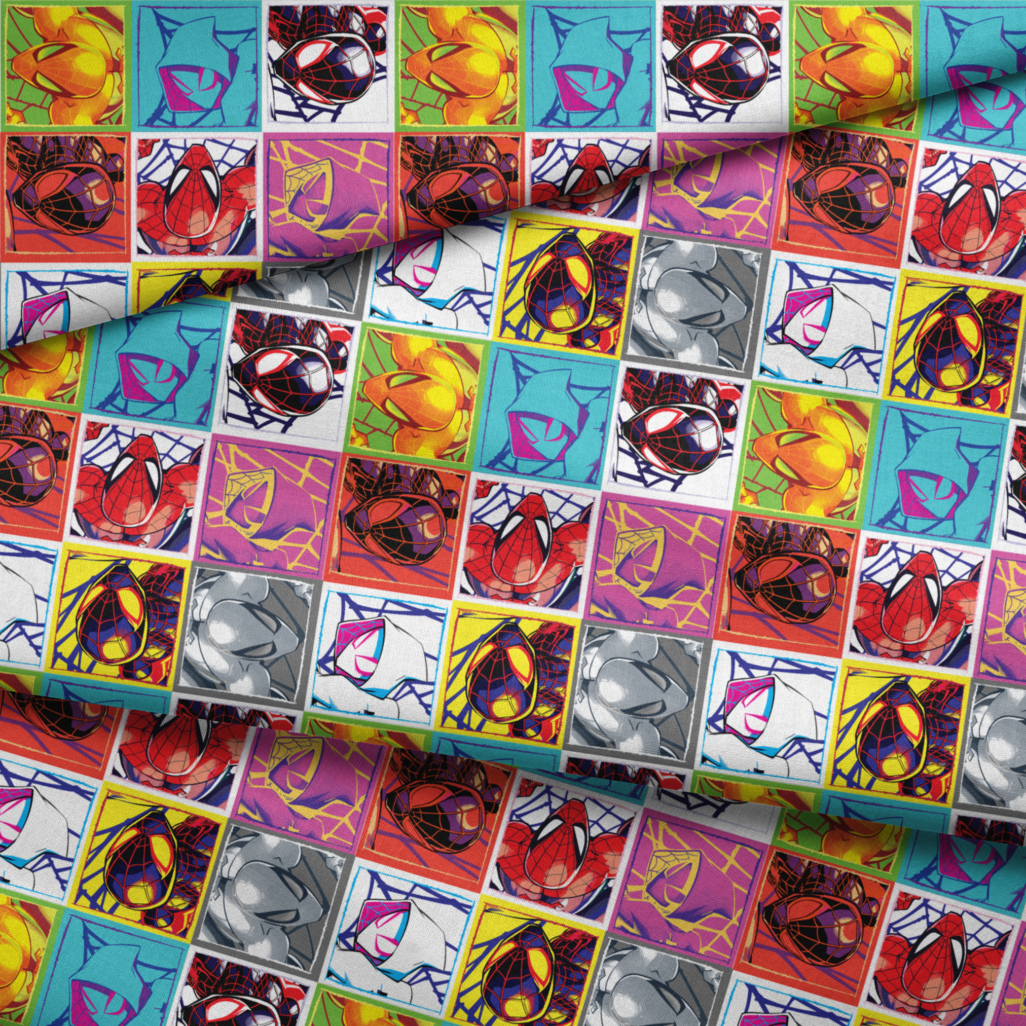 Colorful pop art grid of nine Spiderman designs in vibrant color schemes fabric fold mockup