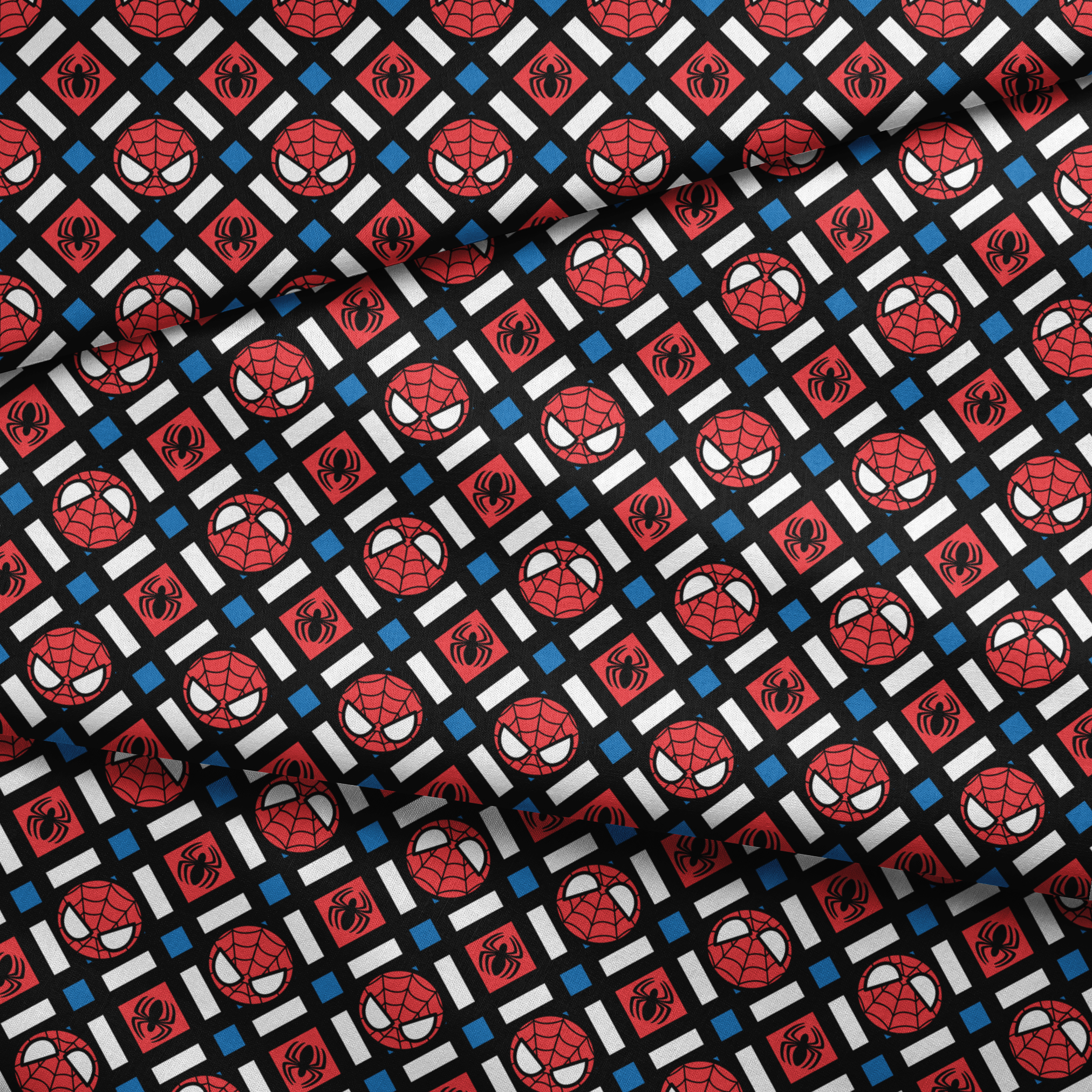 Spider-Man pattern with red masks, spider symbols, webs on black background with white X shapes and blue diamonds fabric fold mockup