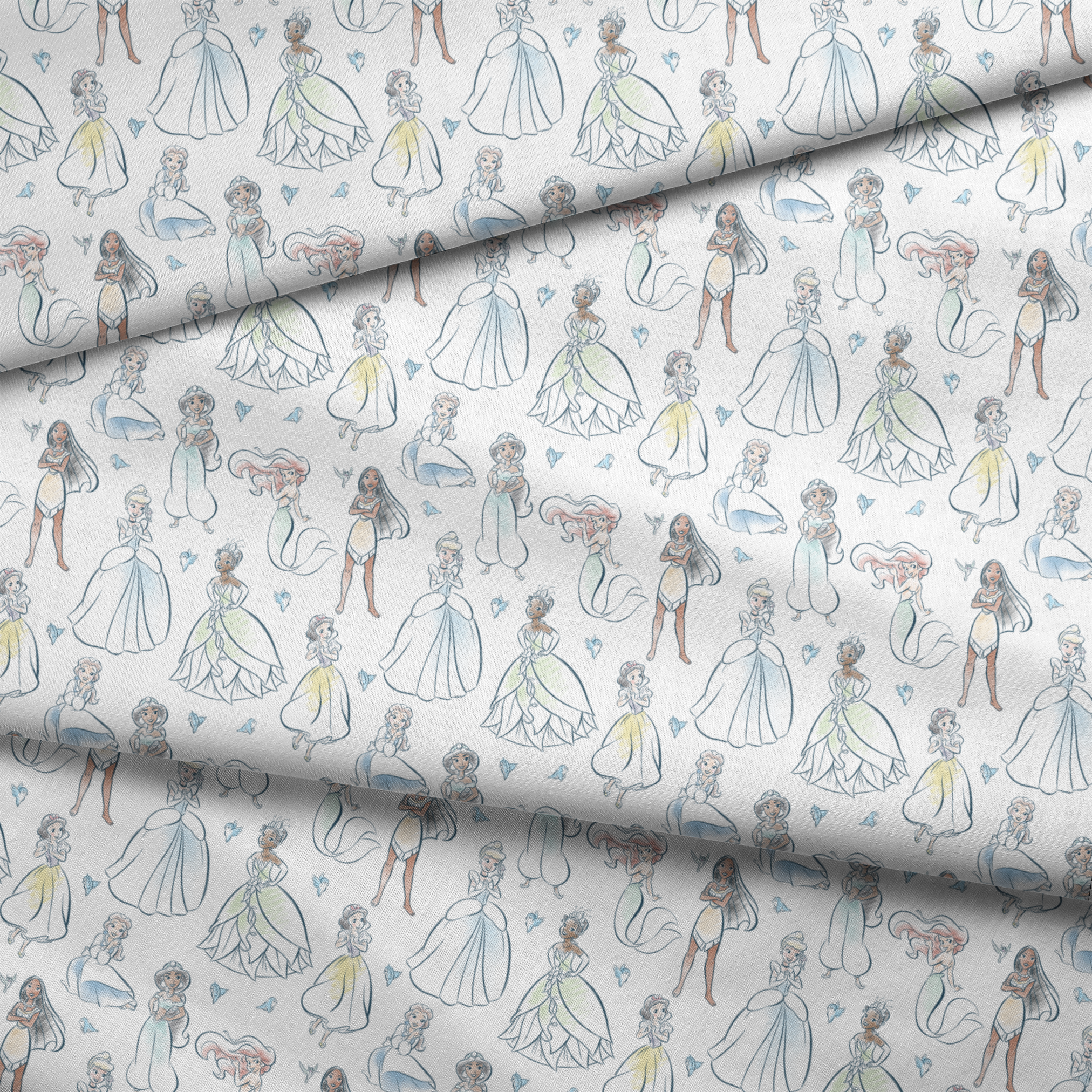 Illustrated pattern of Disney princesses in elegant dresses with sparkles on light background fabric fold mockup