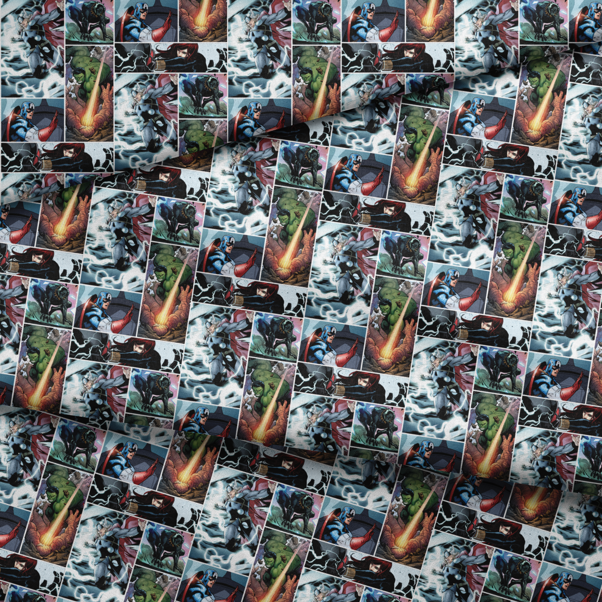 Comic book collage featuring Thor with lightning, Captain America with shield, Hulk, and various Marvel superheroes in action scenes fabric fold mockup