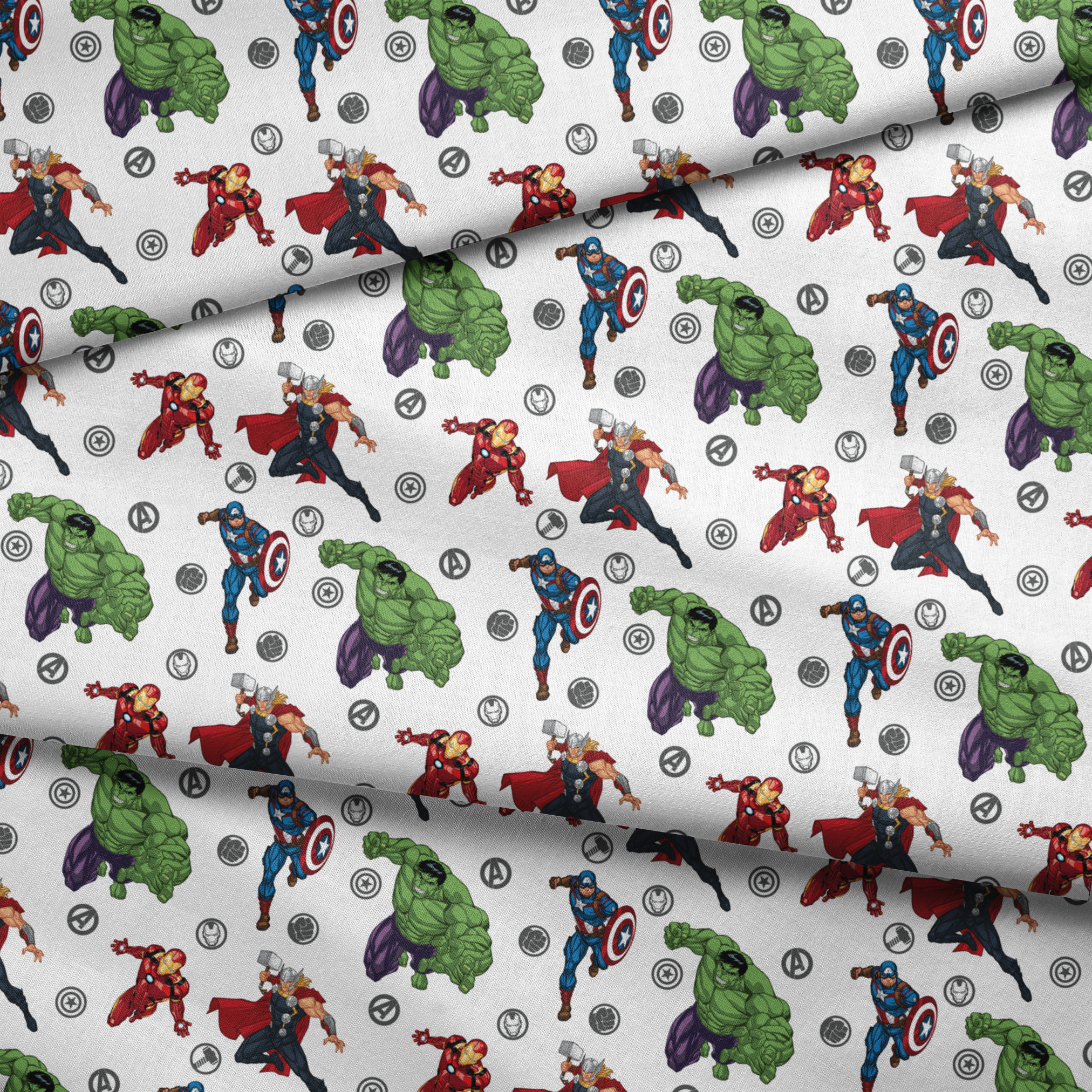 Marvel Avengers characters pattern with Hulk, Thor, Iron Man, and Captain America among superhero logos fabric fold mockup