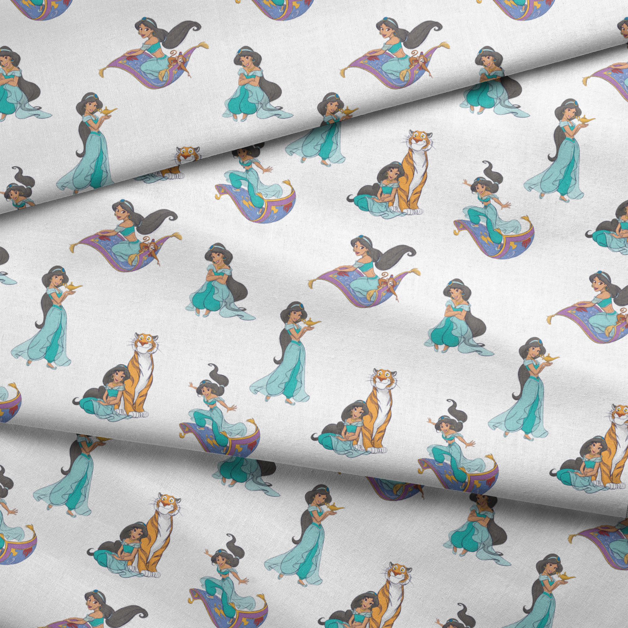 Cartoon pattern featuring a princess in teal outfit with long black hair in various poses with a magic carpet and tiger fabric fold mockup