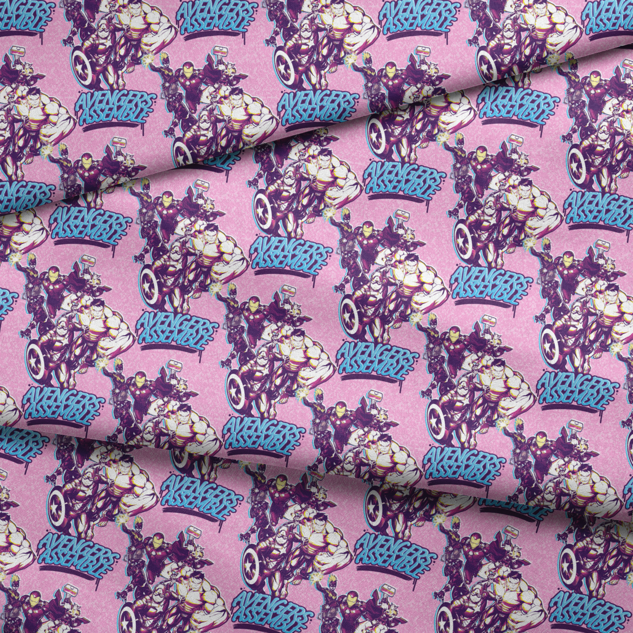 Avengers comic book characters pattern on purple background with "Avengers Assemble" text fabric fold mockup