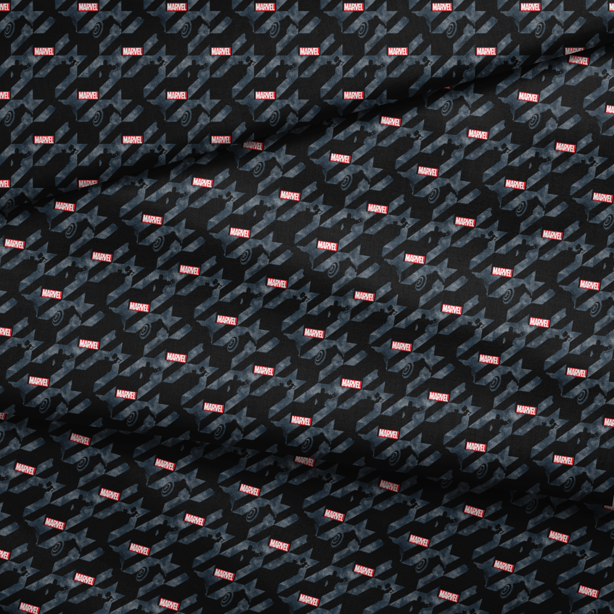 Marvel logo with silhouettes of superheroes against dark gray diagonal stripes background fabric fold mockup