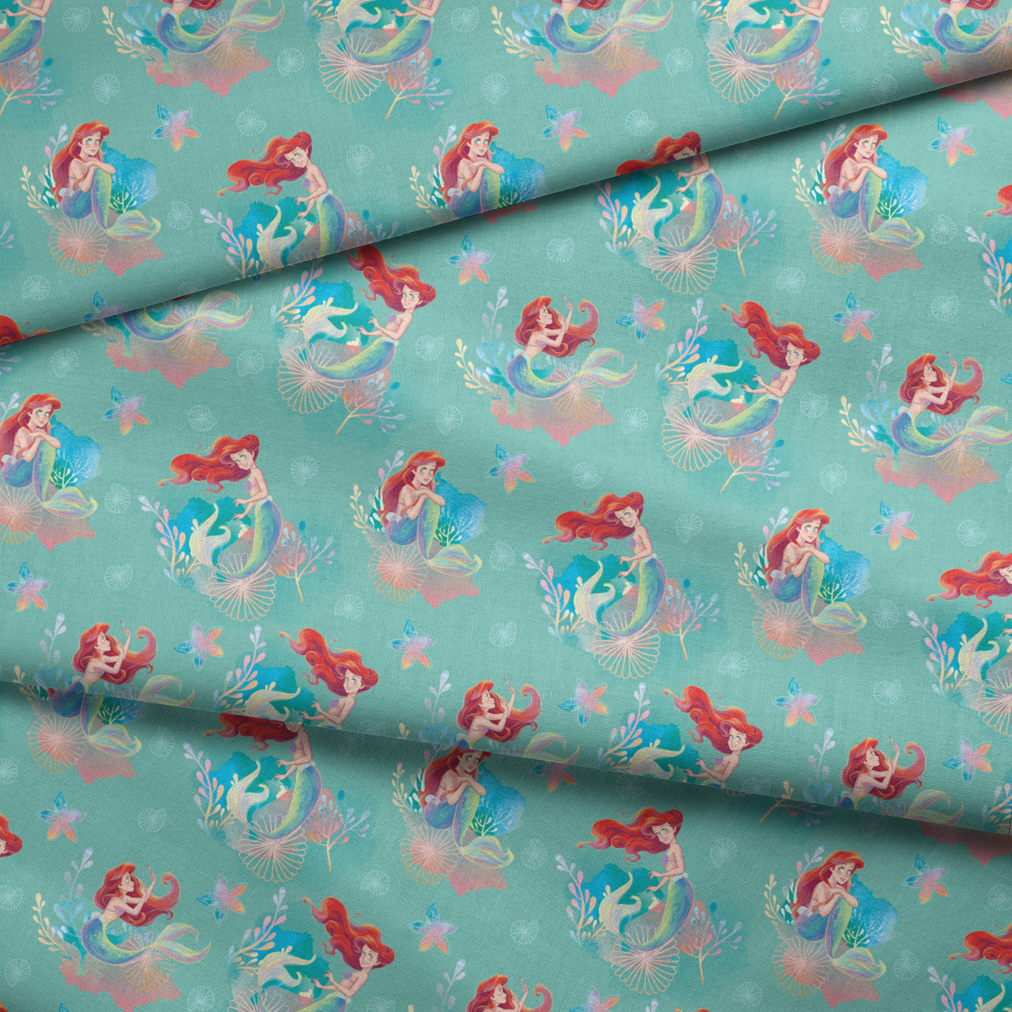 Whimsical teal pattern featuring mermaids with red hair, seashells, starfish, and coral in pastel colors fabric fold mockup
