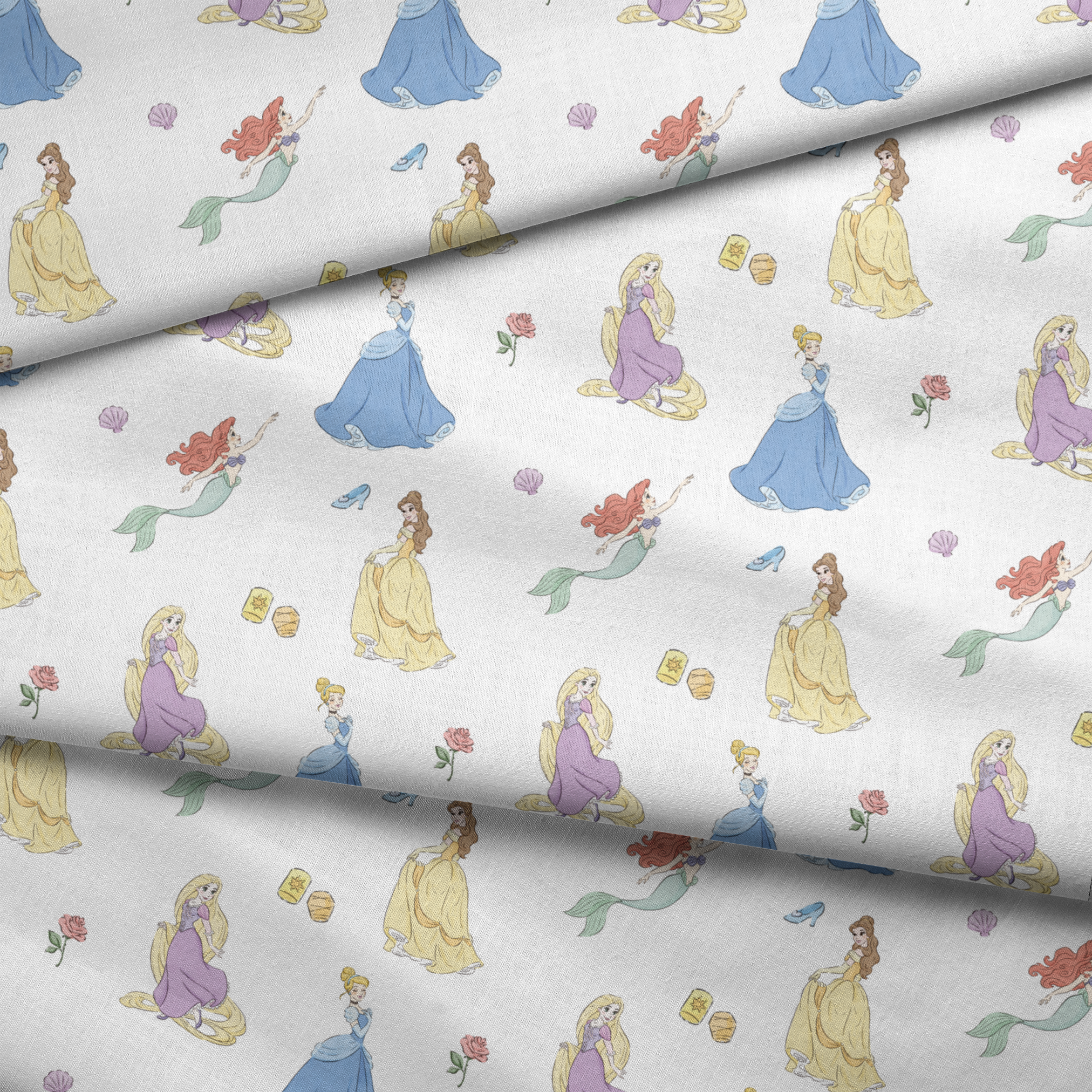 Disney princesses pattern with yellow gown, mermaid with tail, purple dress, roses and shells on light blue background. fabric fold mockup