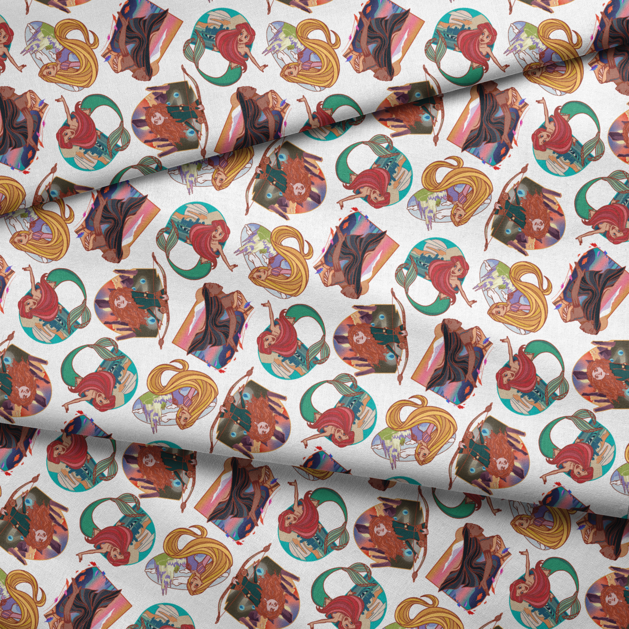 Colorful illustrated pattern of Disney princesses with curved decorative elements on white background fabric fold mockup