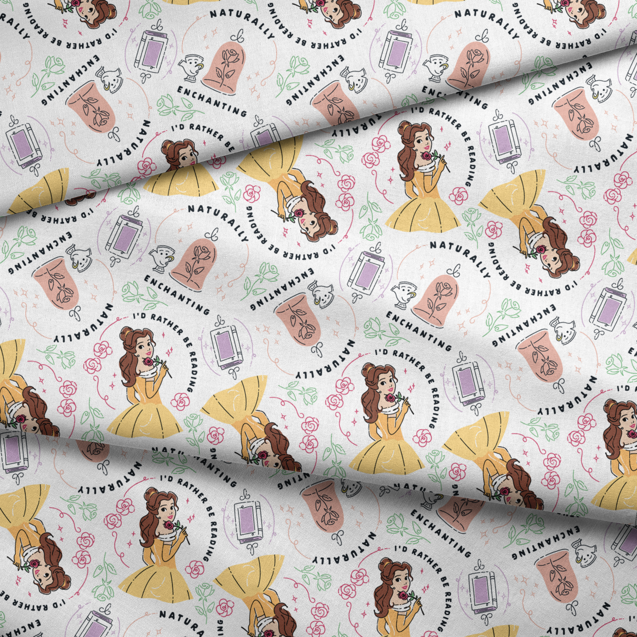 Pattern of cartoon princess in yellow dress with roses, perfume bottles, and phrases like "Enchanting" and "I'd rather be dreaming fabric fold mockup