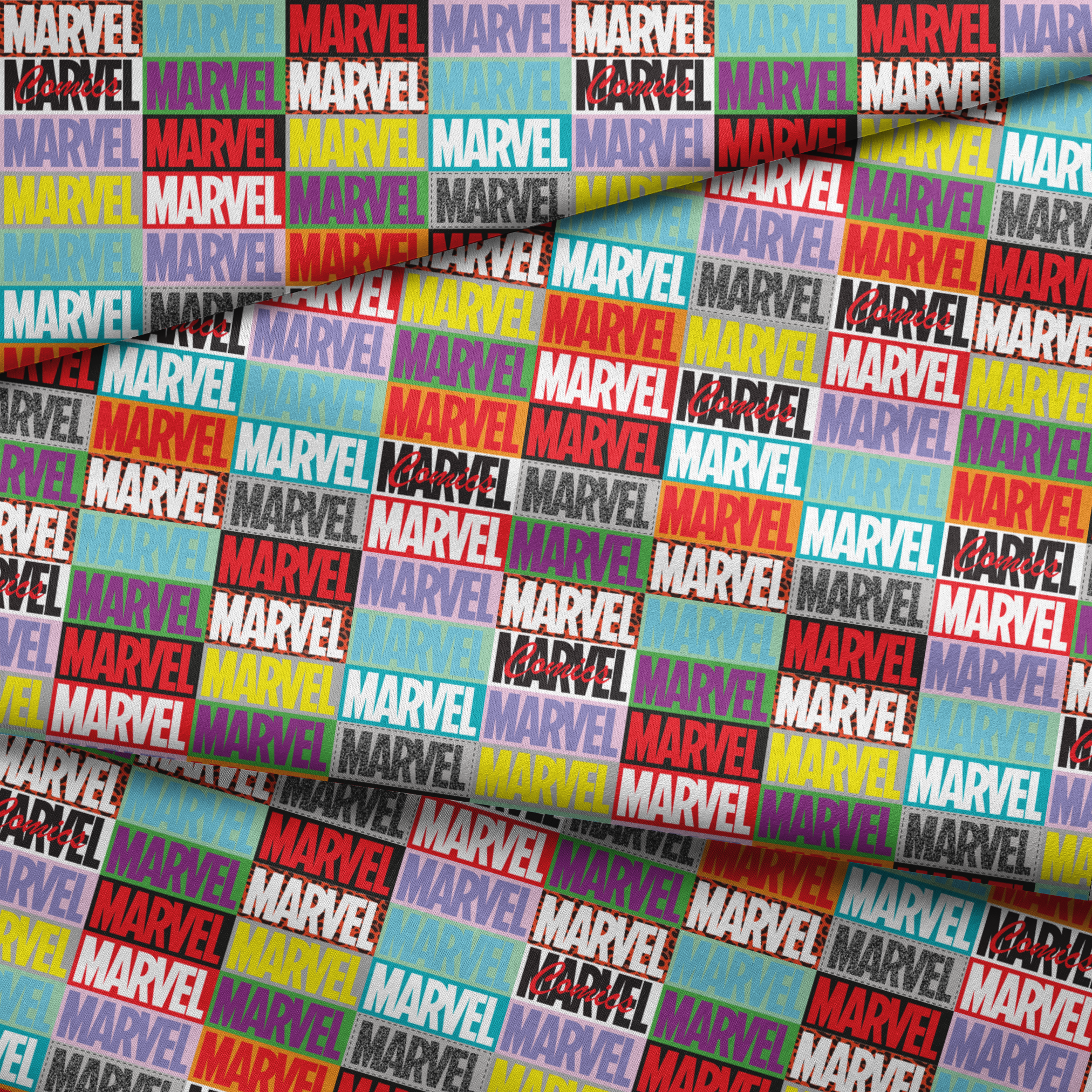 Colorful grid pattern of Marvel logos in various colors including red, blue, yellow, teal, purple, and gray against contrasting backgrounds fabric fold mockup