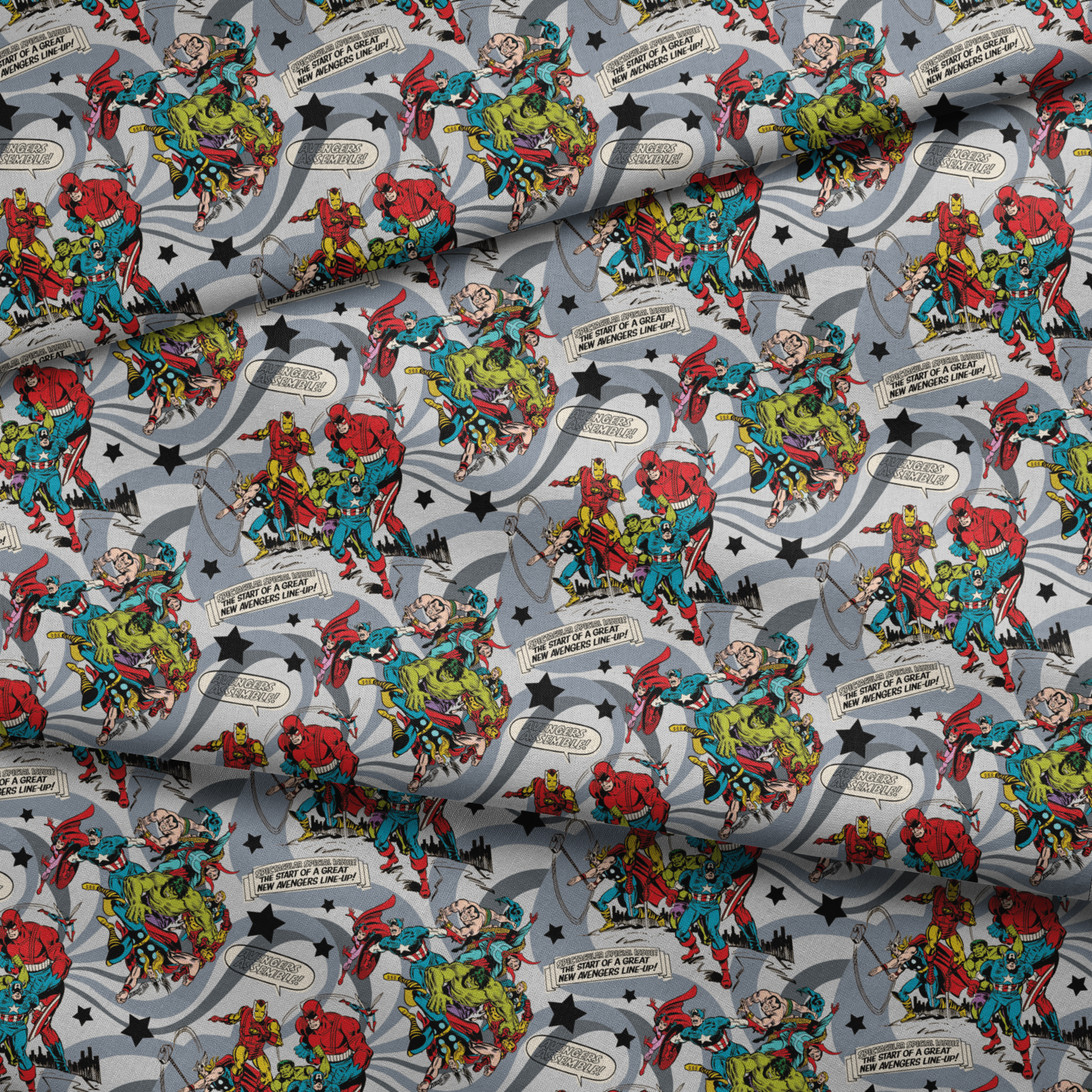 Colorful comic book style pattern with Marvel superheroes on gray background with stars and swirls fabric fold mockup