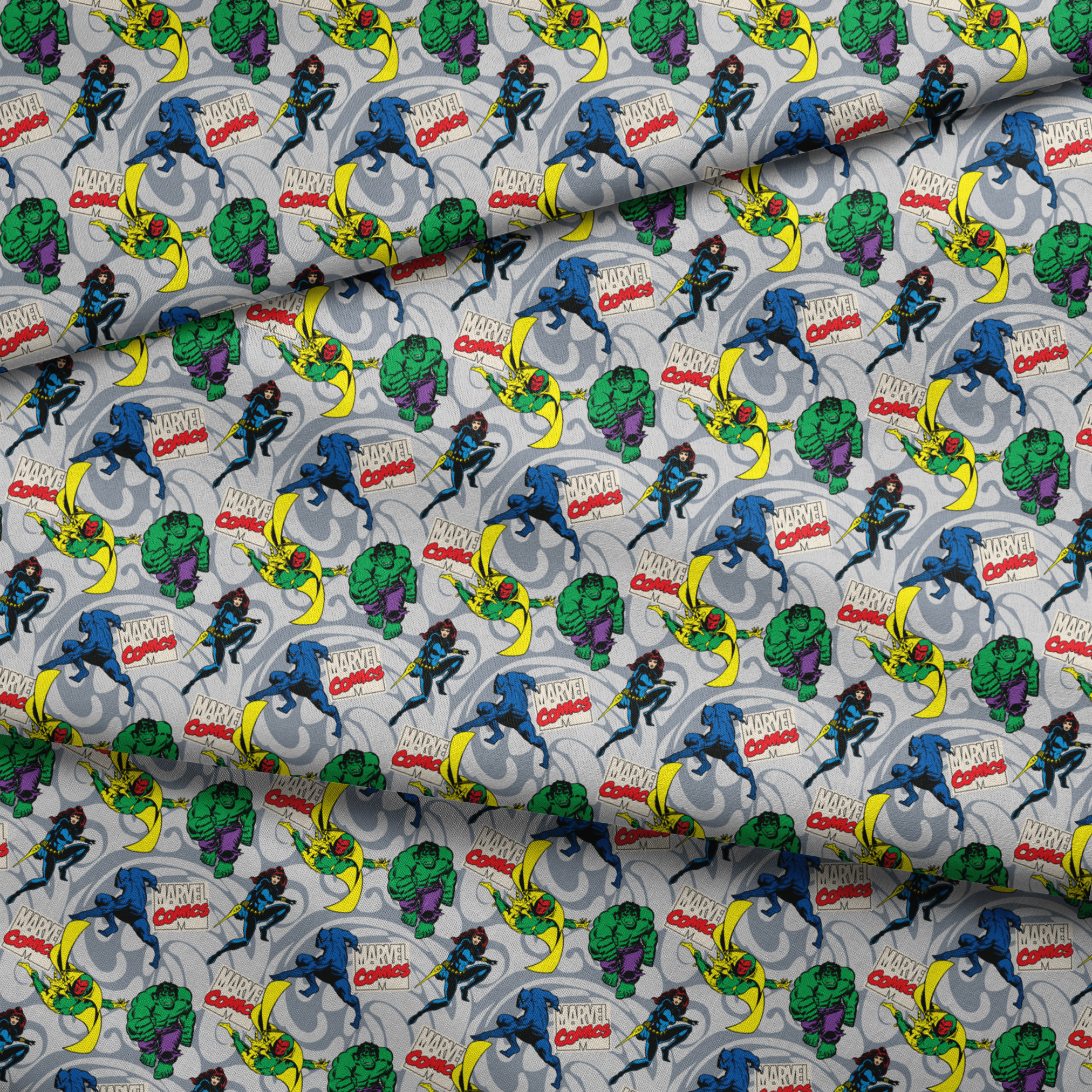 Marvel Comics characters including Hulk, Vision, and other superheroes on a gray background with Marvel Comics logos fabric fold mockup