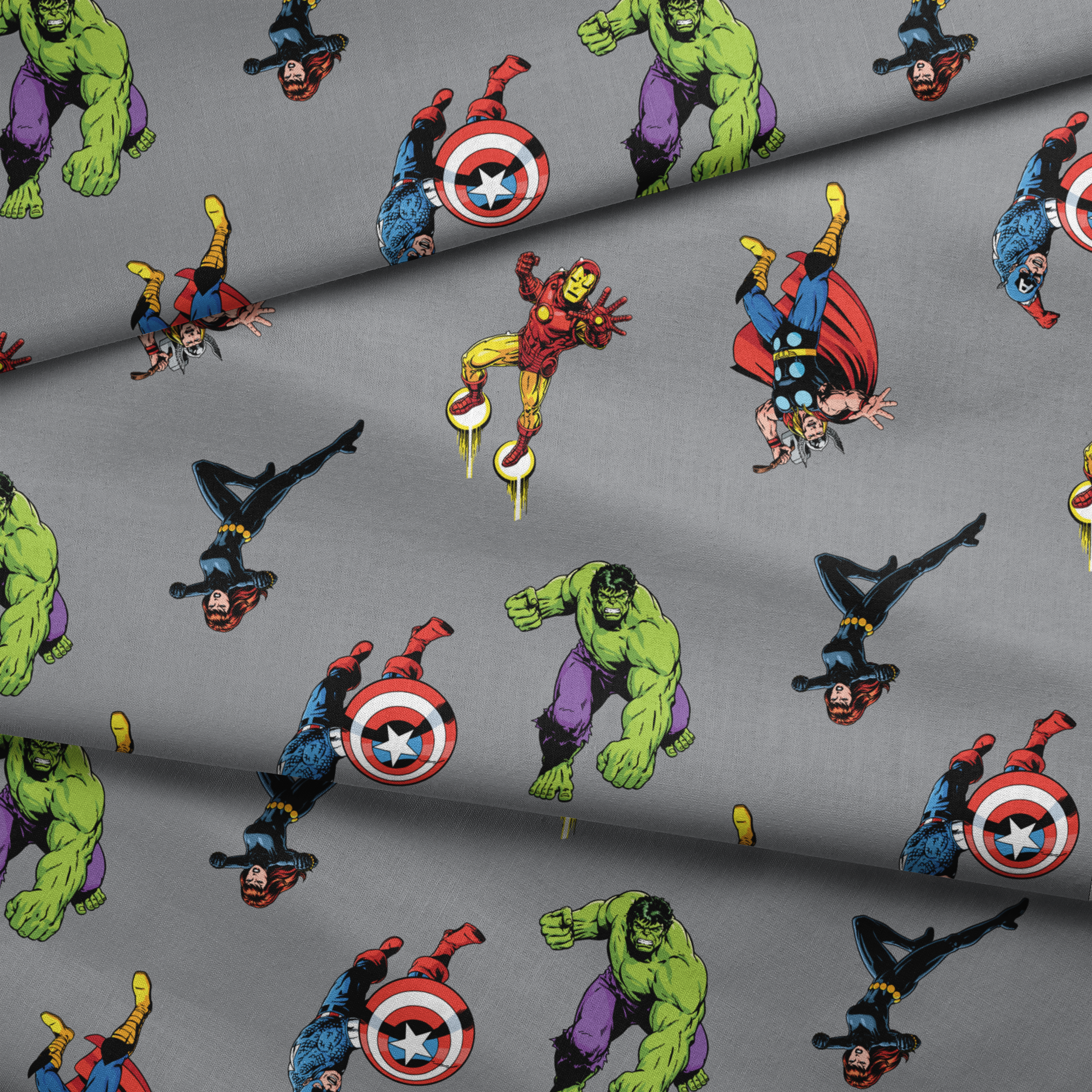 Marvel superheroes pattern with Hulk, Thor, Captain America, and Iron Man on gray background fabric fold mockup