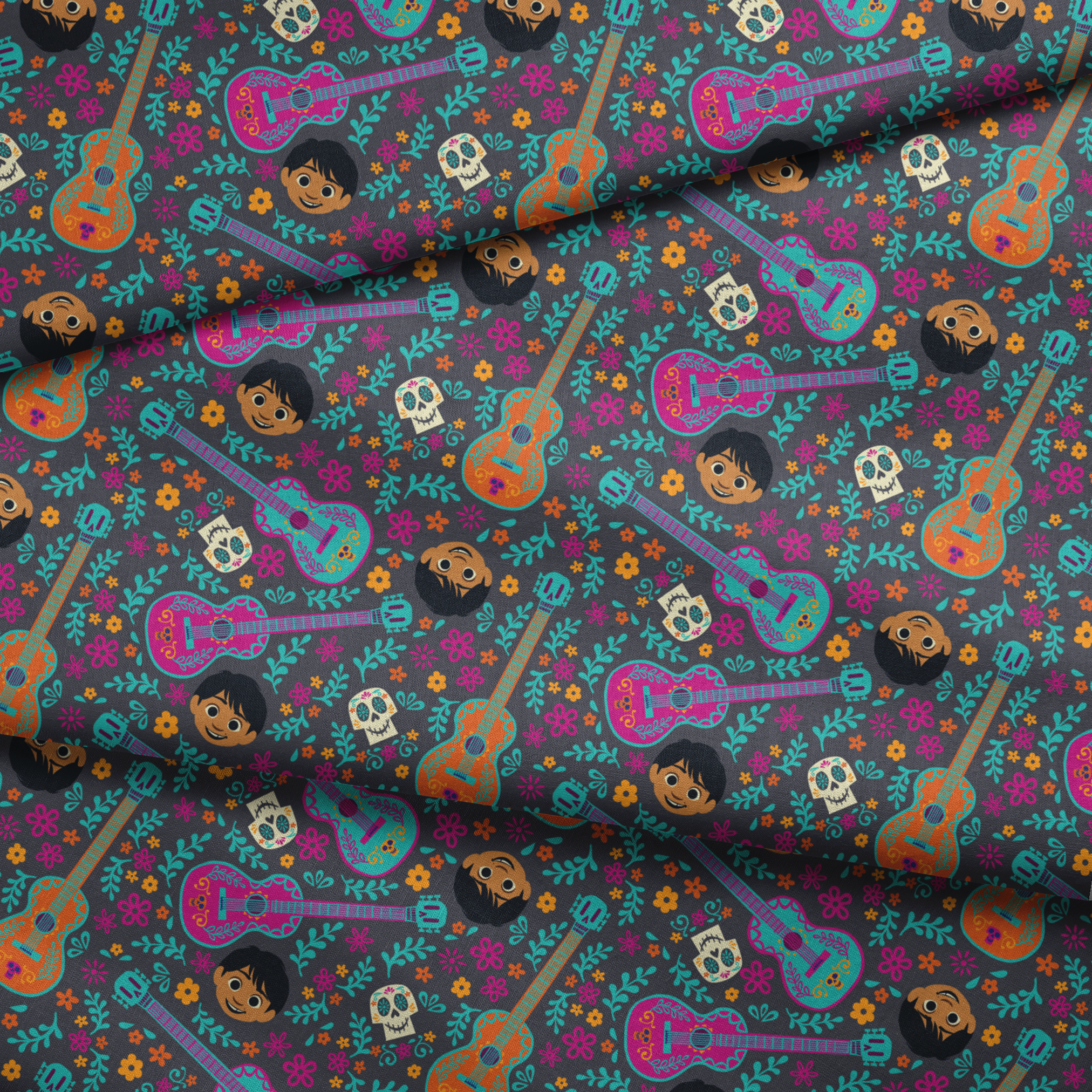 Colorful Coco pattern with decorative guitars, sugar skulls, cartoon characters, and floral elements on teal background. fabric fold mockup