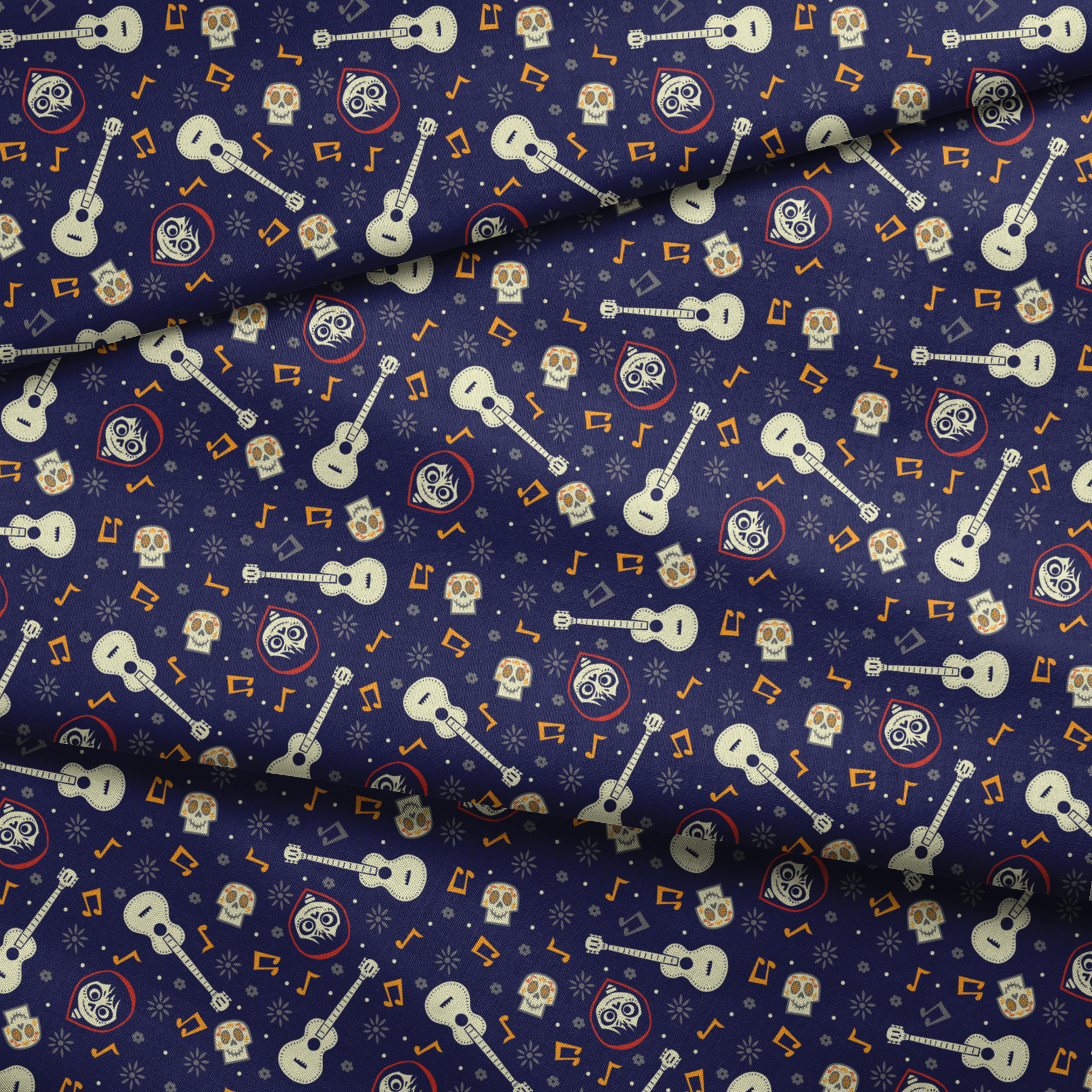 Coco dark blue pattern with white acoustic guitars, decorative skulls, orange musical notes, and circular designs scattered across a starry background. fabric fold mockup
