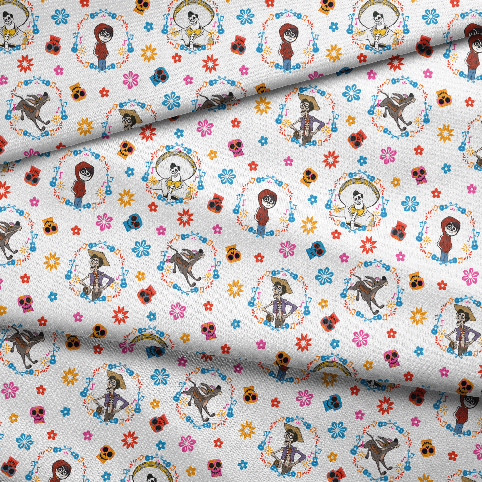Colorful Coco pattern with Day of the Dead skeleton characters in floral wreaths, sugar skulls, and bright flowers on white background fabric fold mockup